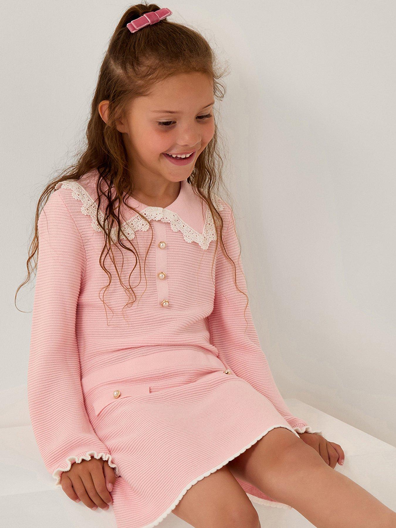 undefined Girls Pearl Collar Knit Dress - Pink
