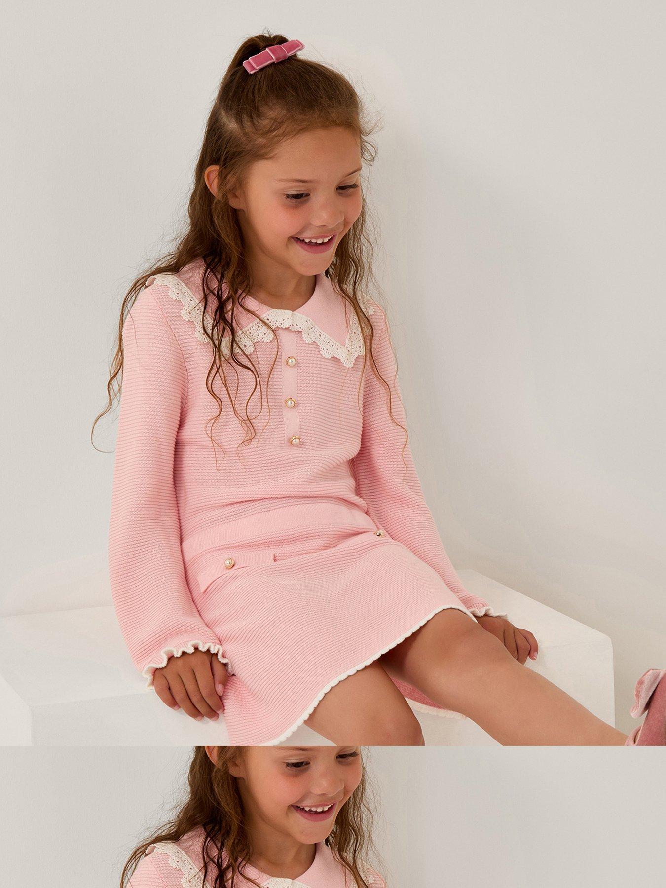 undefined Girls Pearl Collar Knit Dress - Pink