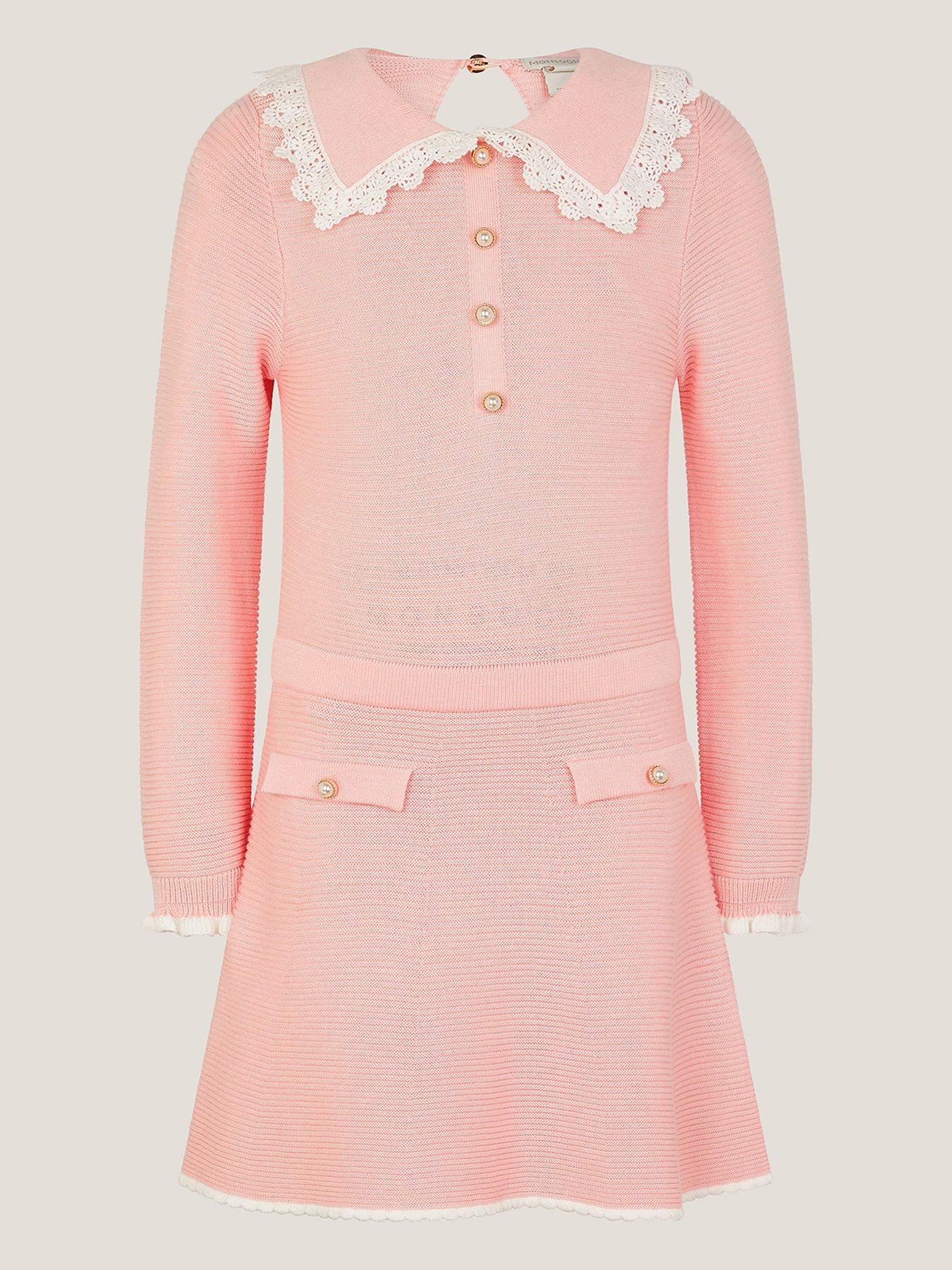 undefined Girls Pearl Collar Knit Dress - Pink