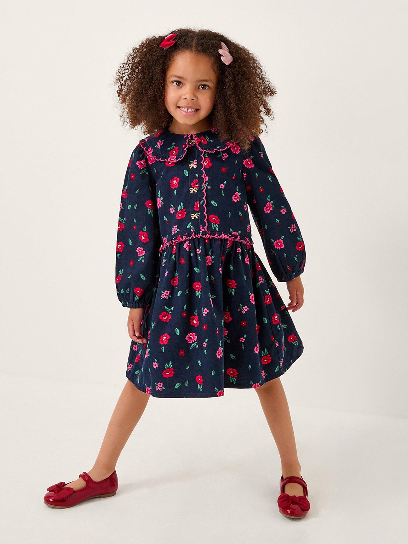 undefined Girls Cord Floral Print Dress - Navy