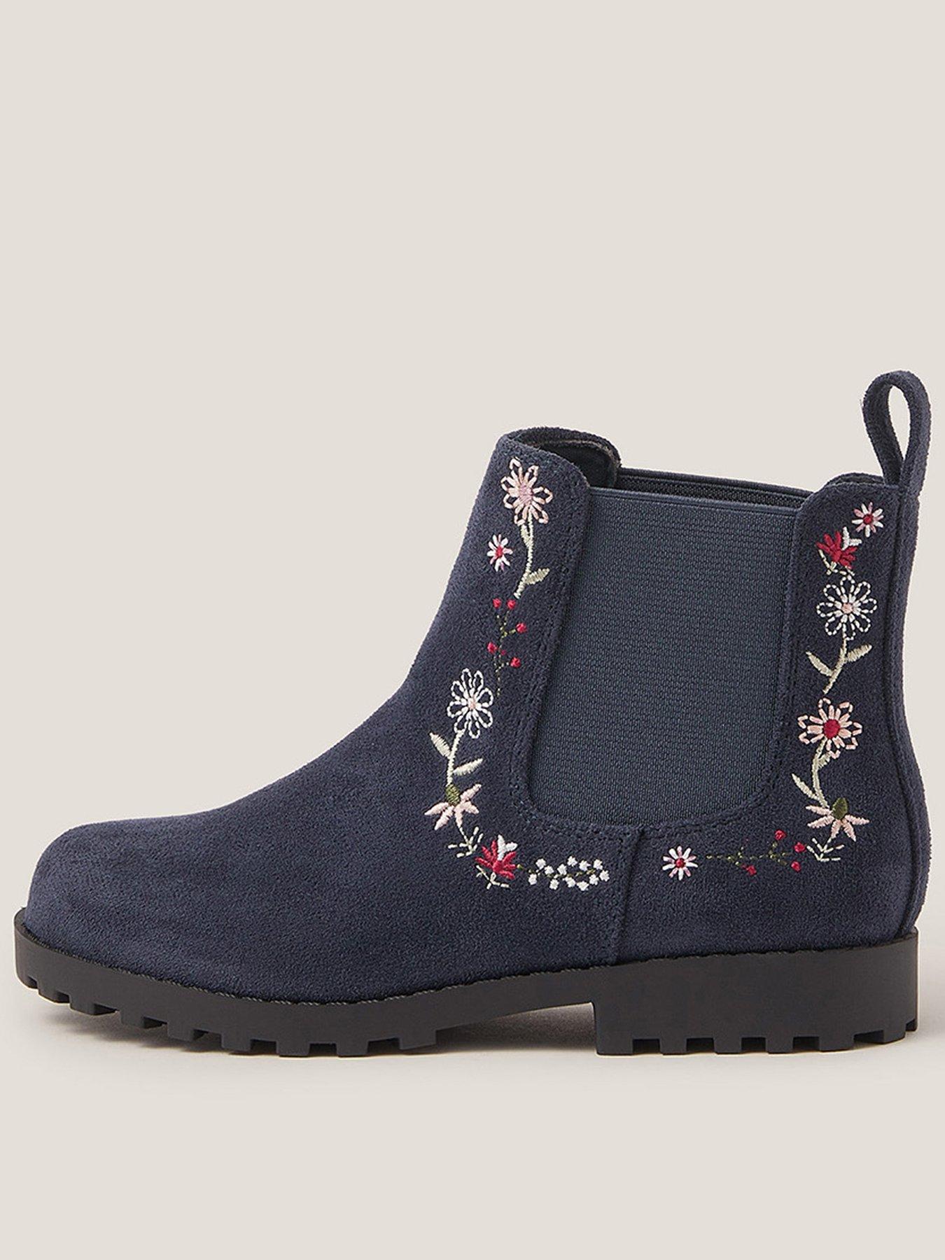 undefined Girls Flower Embroidered Boots - Navy