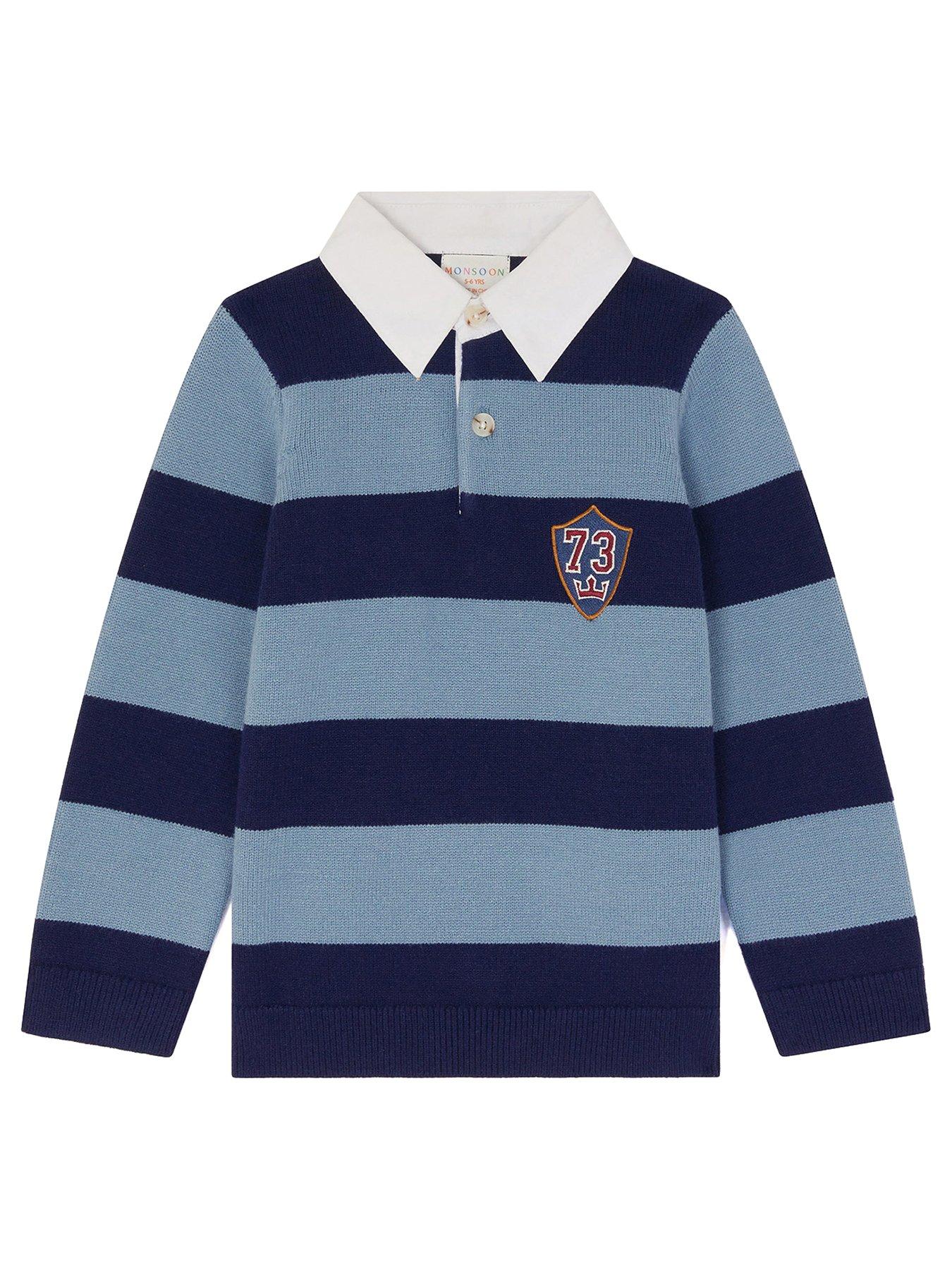 undefined Boys Long Sleeve Badge Stripe Knit Polo Top - Blue