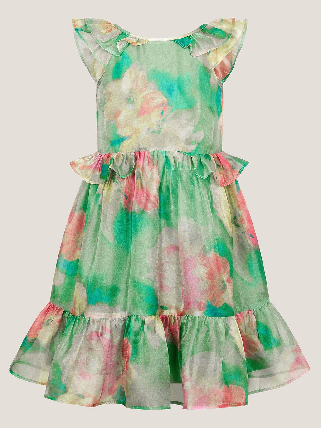 undefined Girls Blurry Floral Organza Ruffle Dress - Green