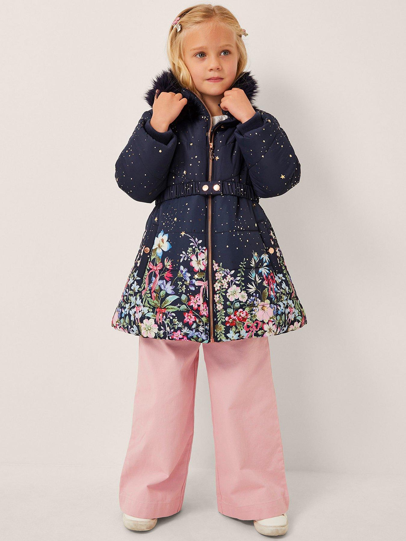 undefined Girls Starry Floral Border Coat - Navy