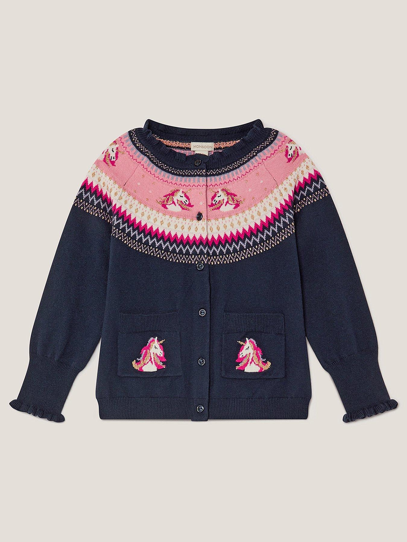 undefined Girls Unicorn Fairisle Cardigan - Navy