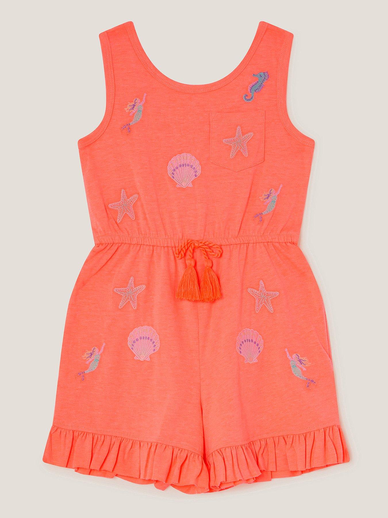 undefined Girls Sealife Embroiderd Jersey Playsuit - Orange