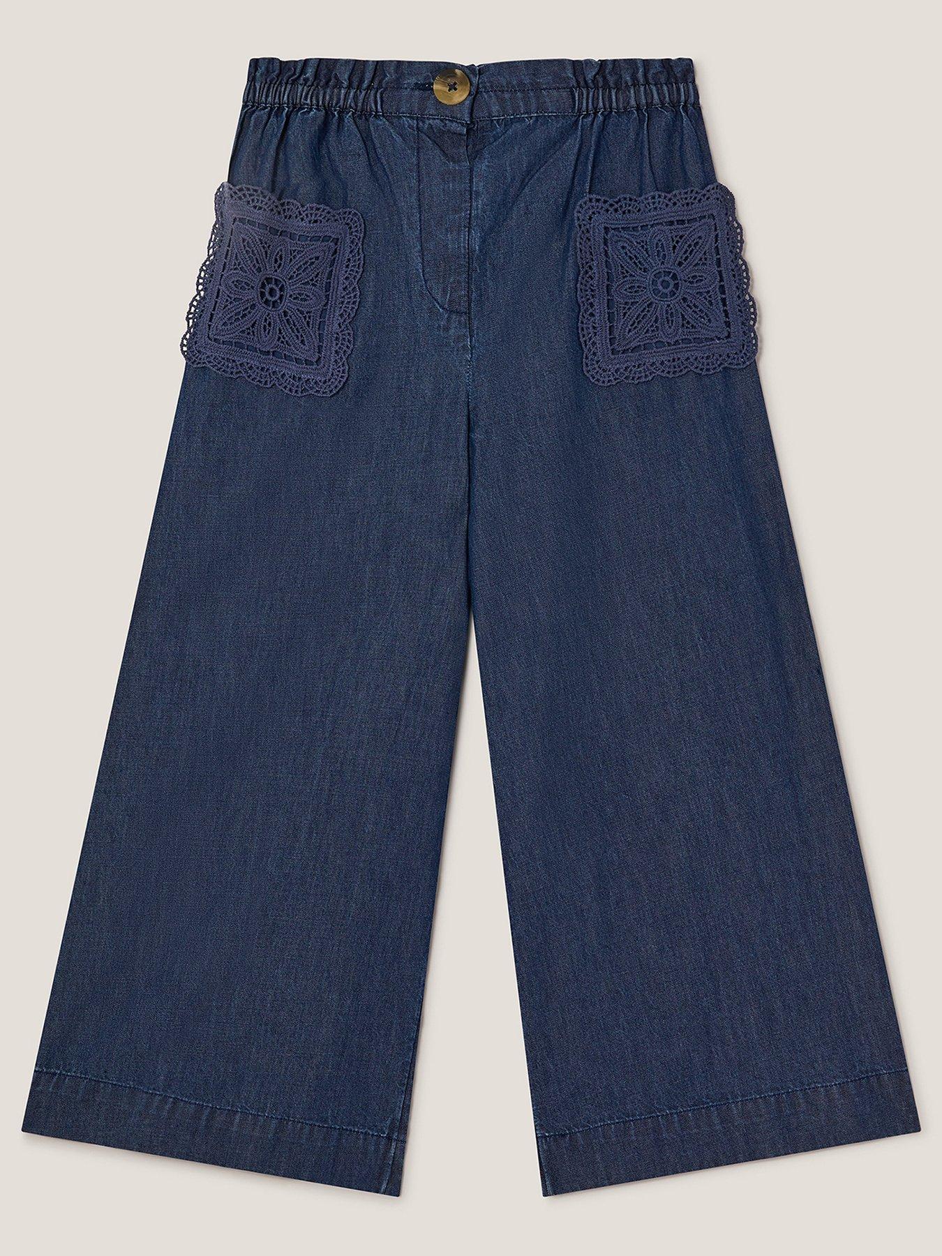 undefined Girls Dark Chambray Crochet Trousers - Blue