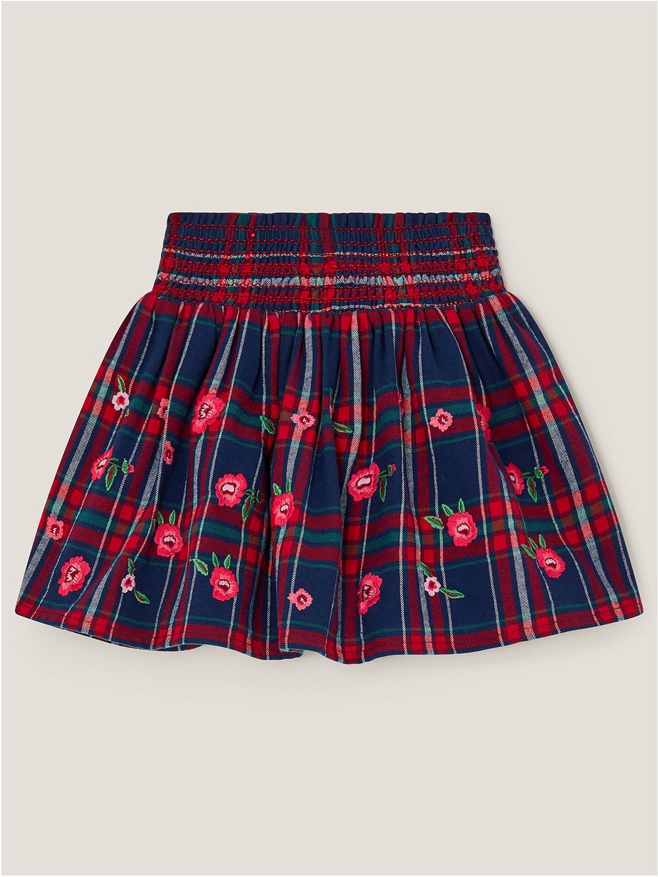 undefined Girls Check Embroidered Floral Skirt - Red
