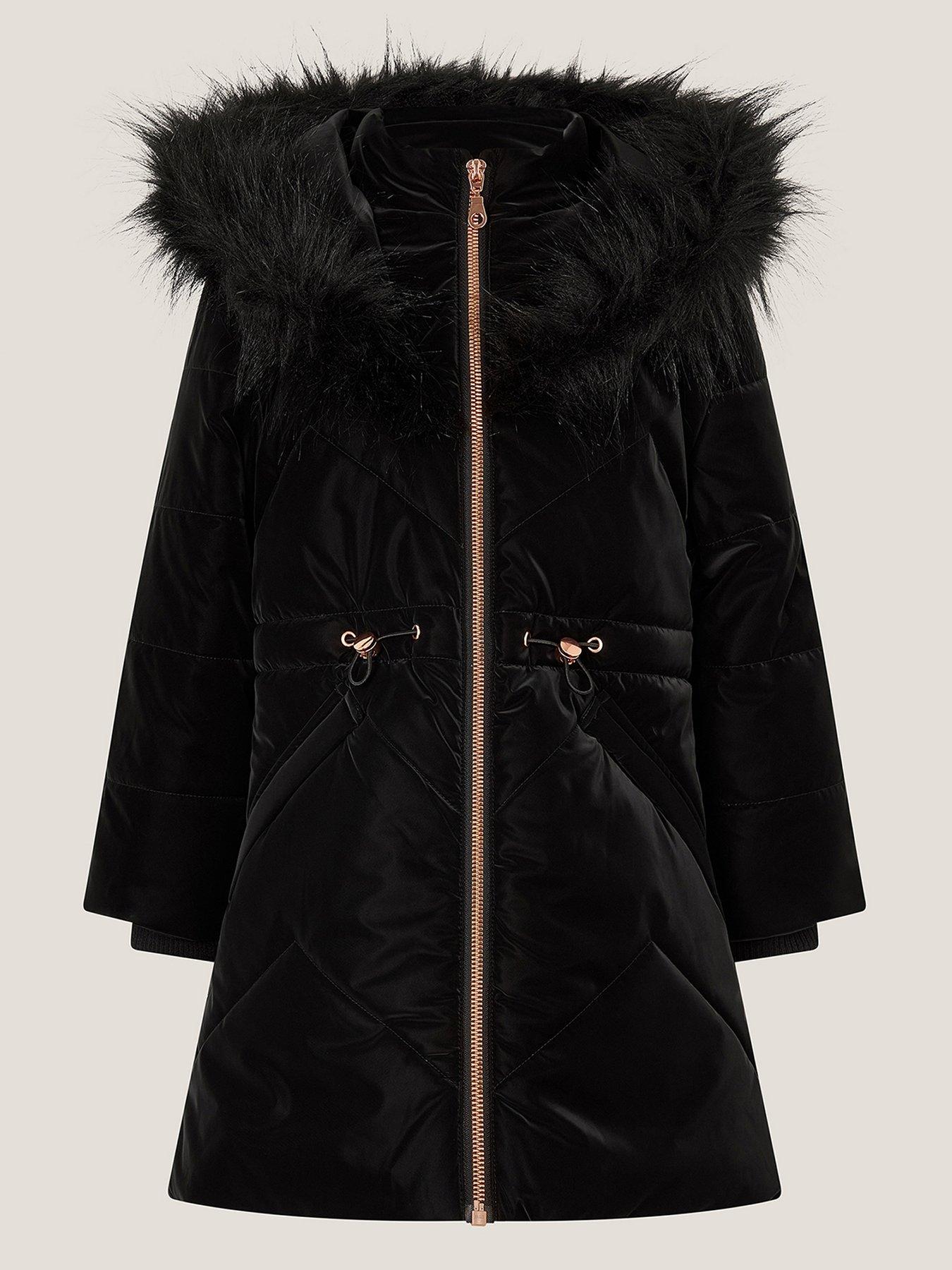 undefined Girls Faux Fur Collar Padded Coat - Black