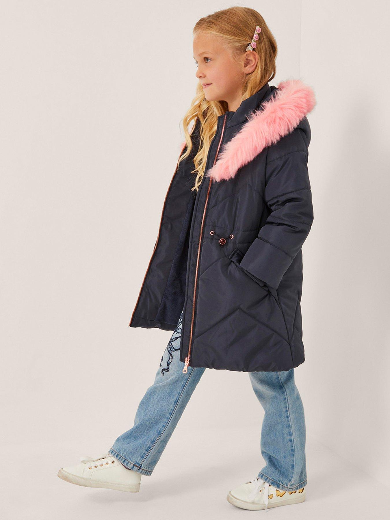 undefined Girls Faux Fur Collar Coat - Navy