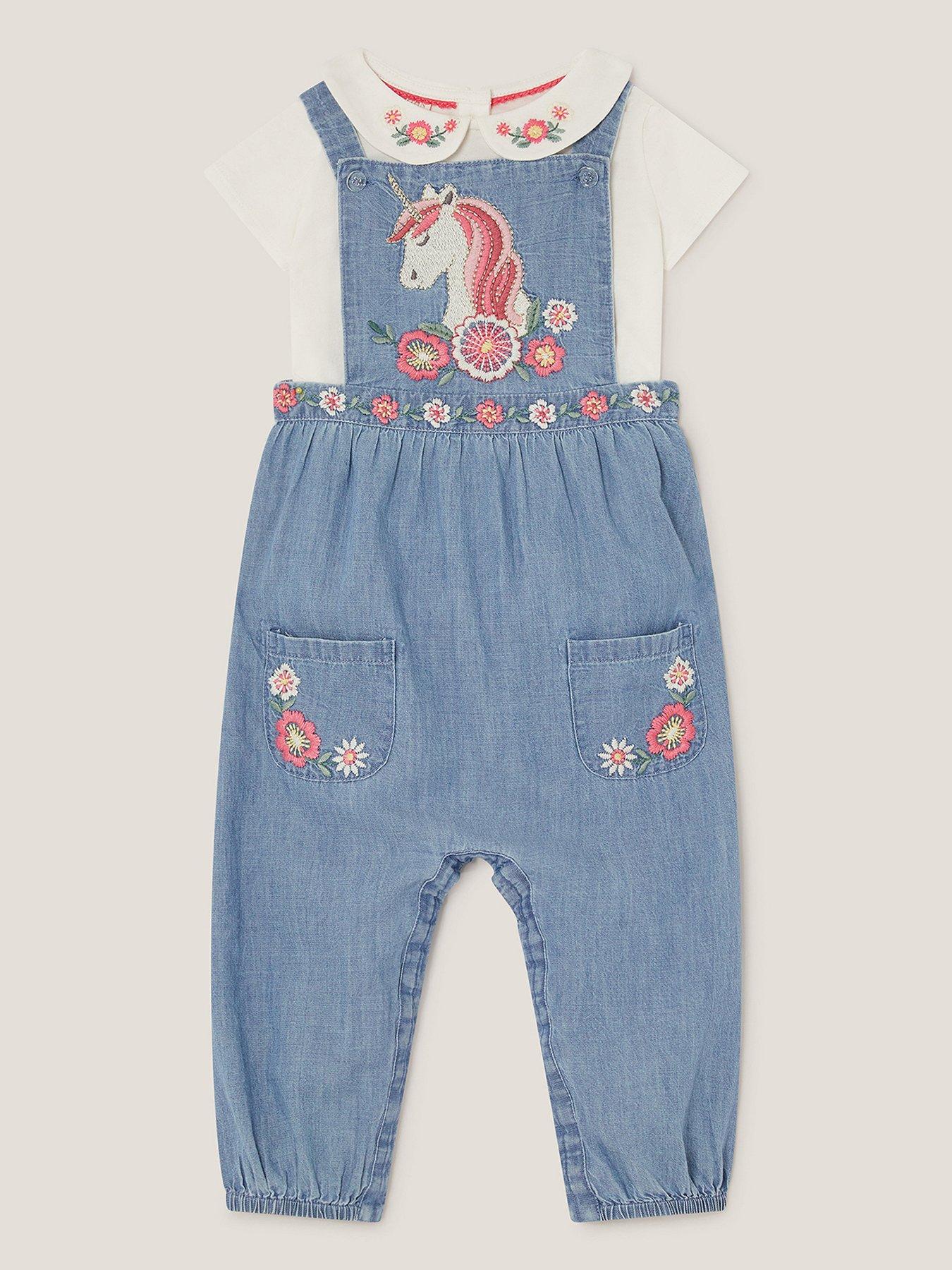 undefined Baby Girls Unicorn Chambray Dungaree & Tshirt - Blue