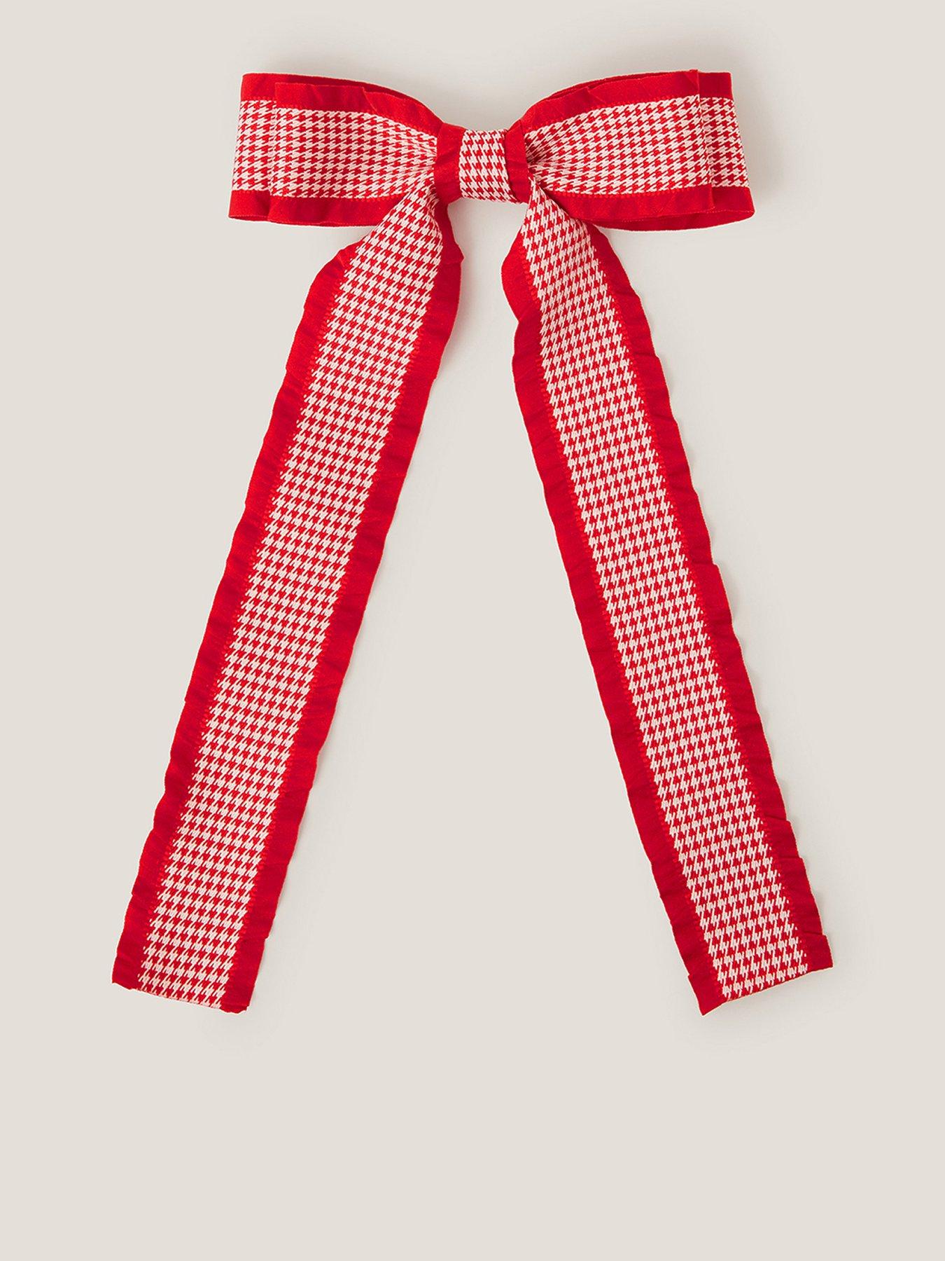 undefined Girls Gingham Ruffle Long Tie Hair Bow Clip - Red