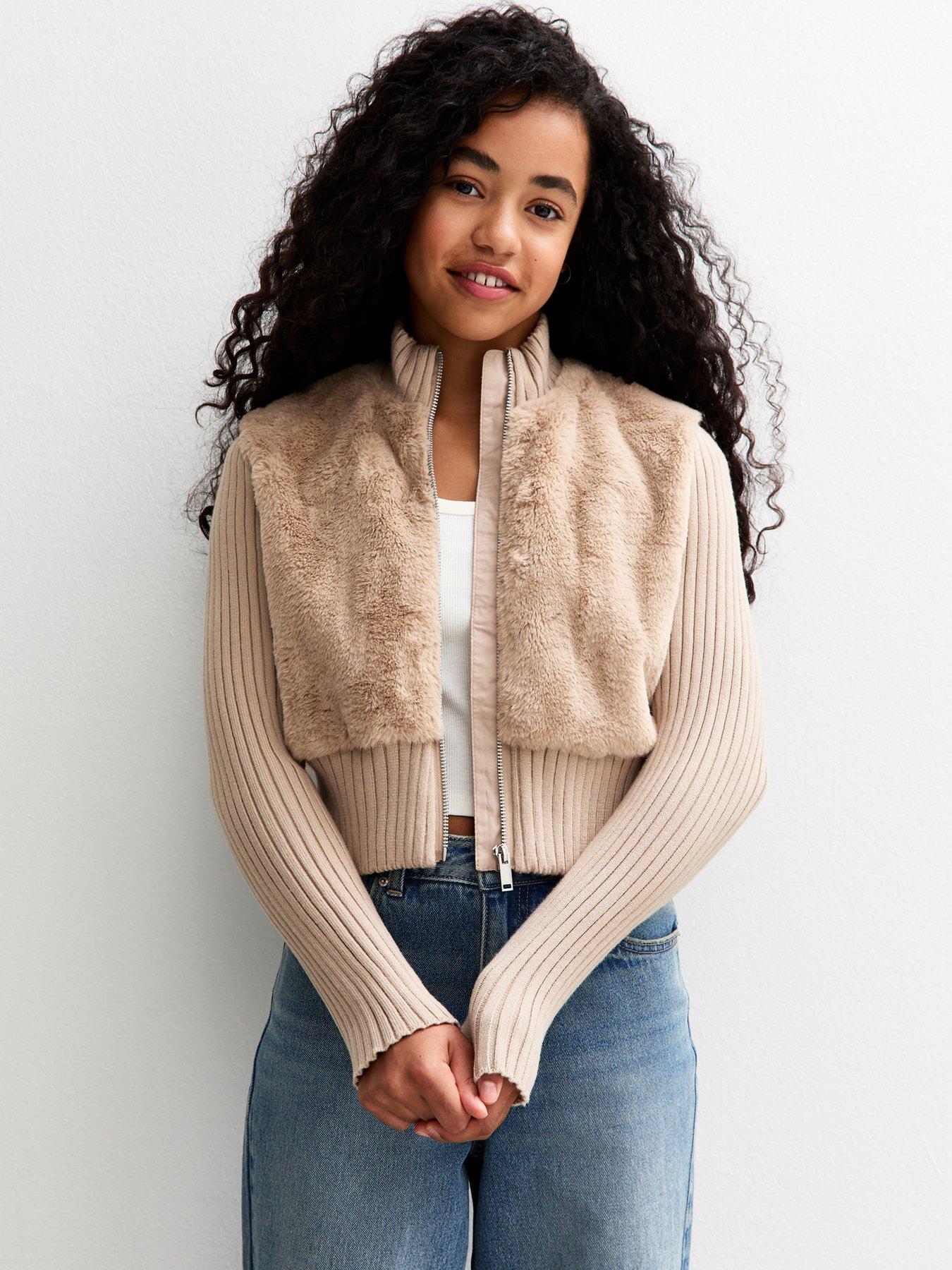 New Look 915 Girls Faux Fur Ribbed Jacket - Beige