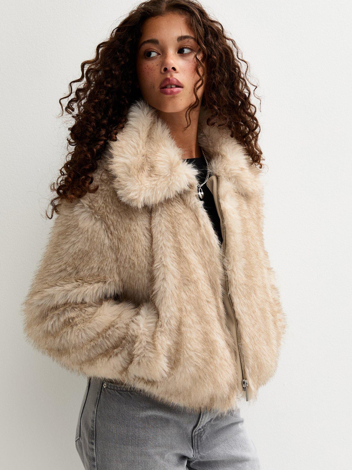 New Look 915: Girls Cream Faux Fur Collared Jacket