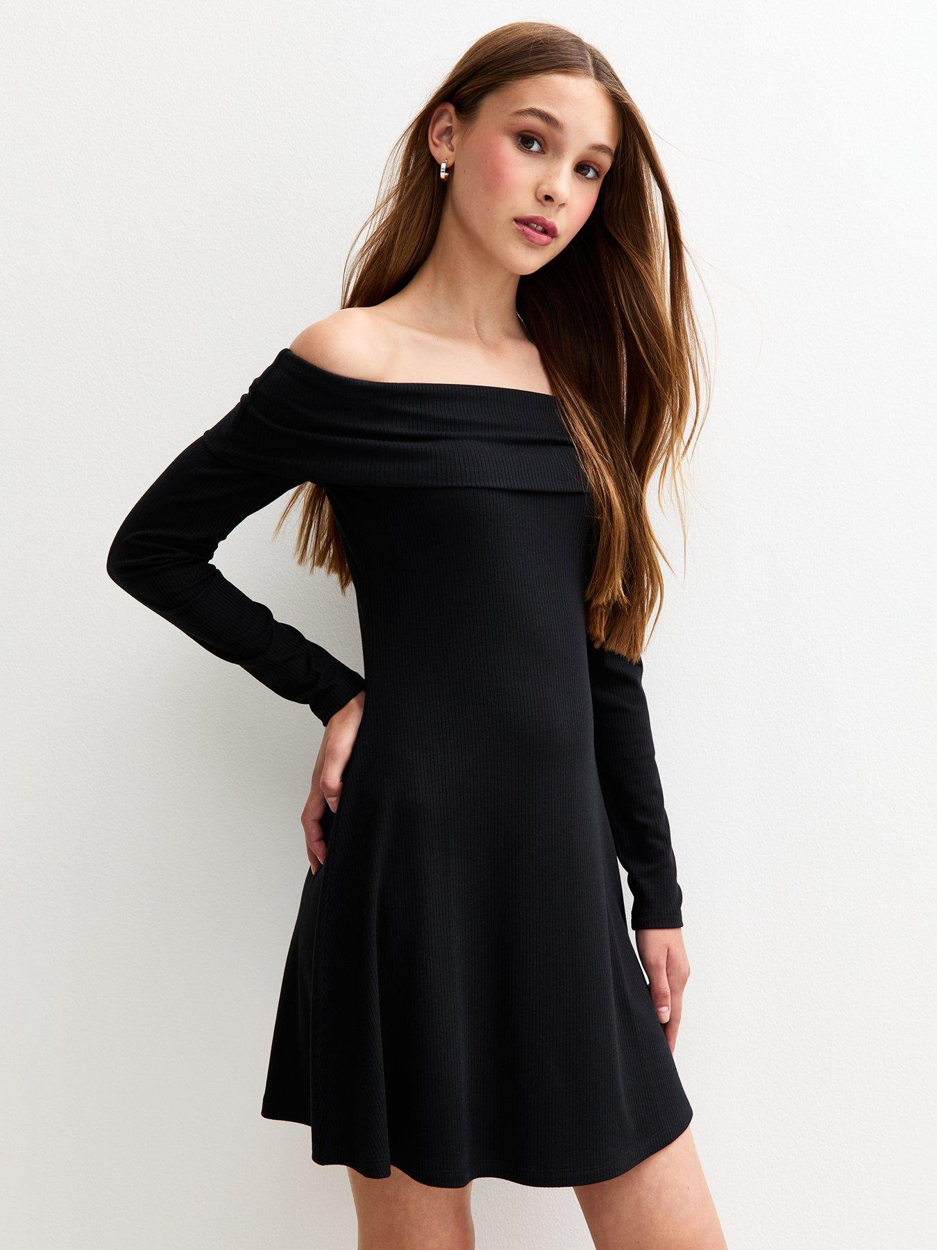 New Look 915 Girls Bardot Ribbed Long Sleeve Dress - Black