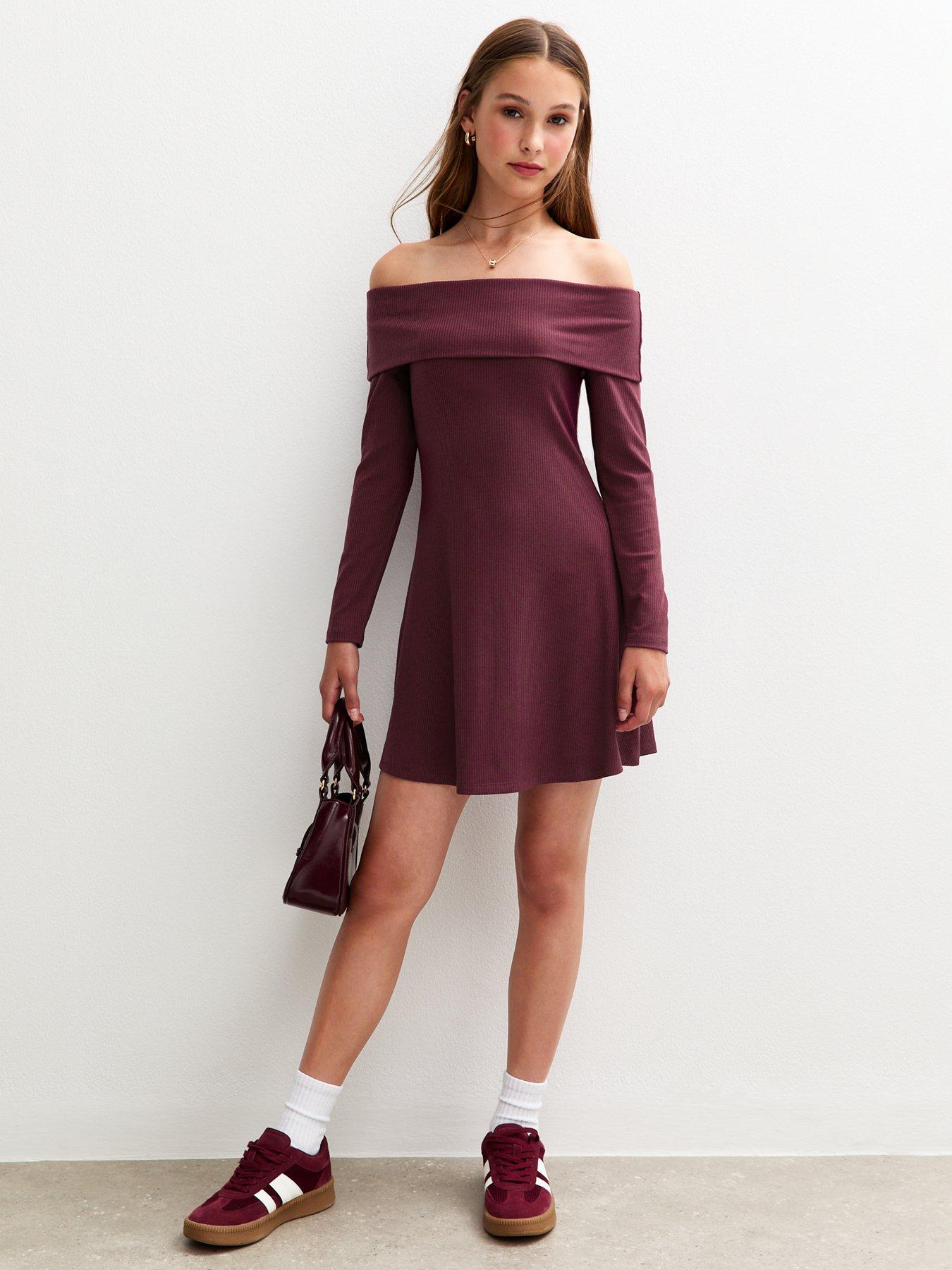 New Look 915 Girls Light Burgundy Bardot Ribbed Long Sleeve Dress - Dark  Red | Very