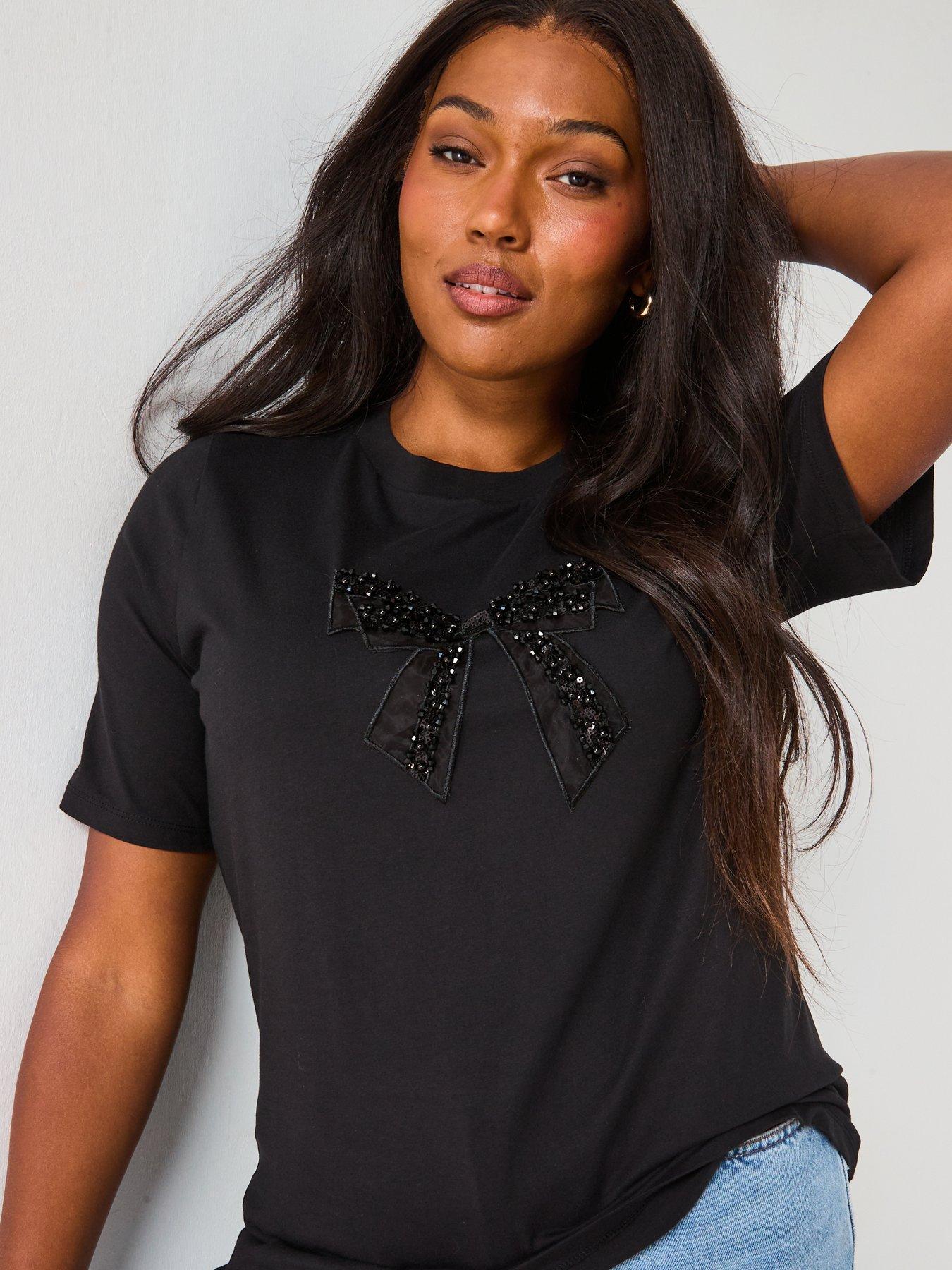 Image 6 of 6 of V by Very Curve Embellished Bow T-Shirt - Black