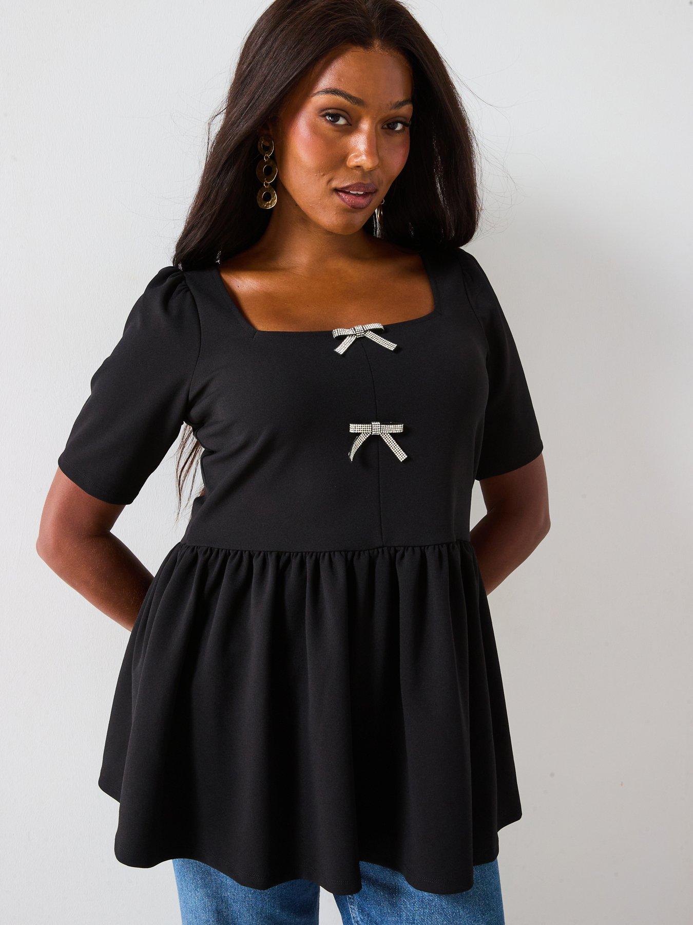 V by Very Curve Diamante Bow Peplum Top - Black