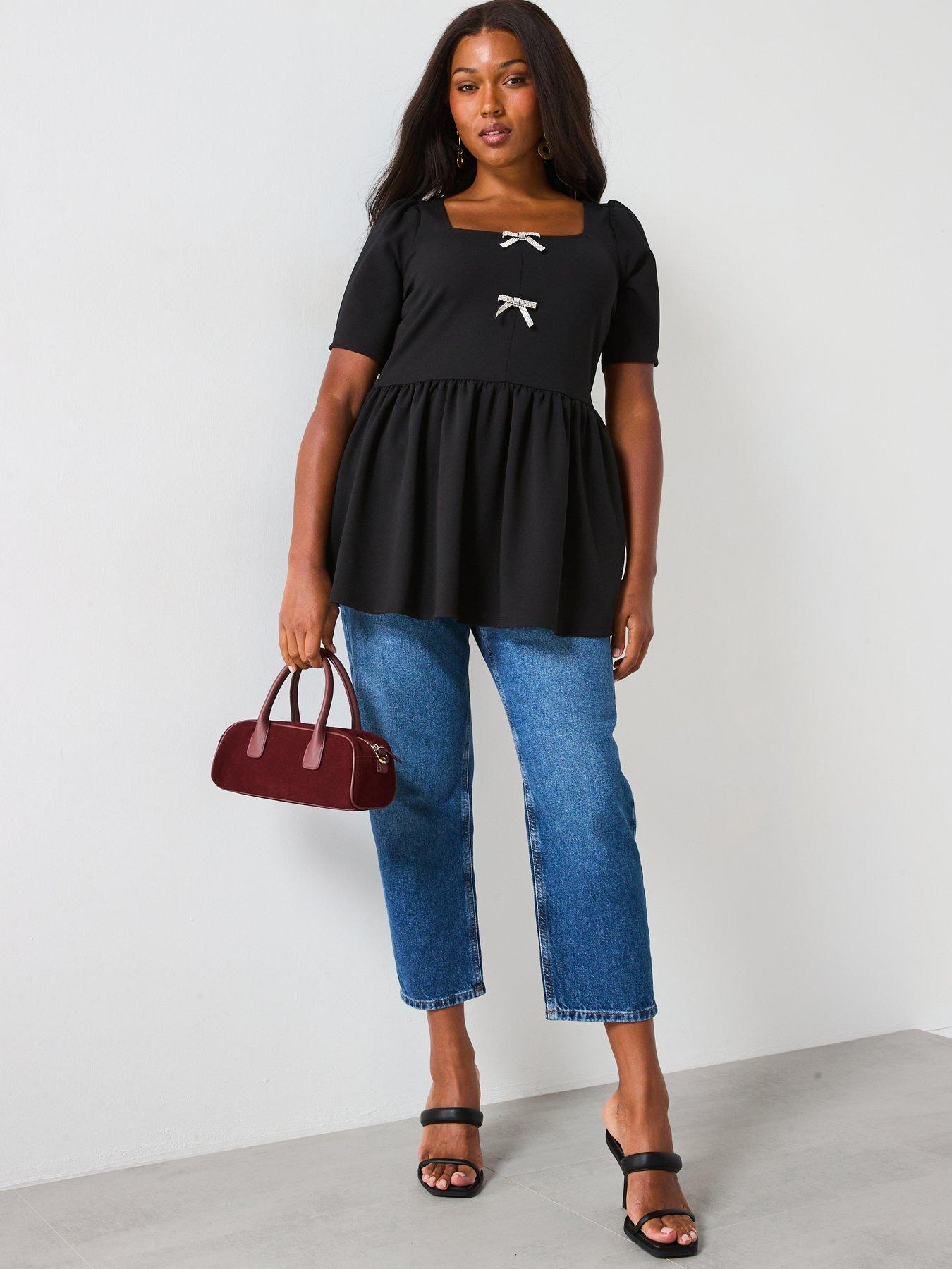 Image 3 of 6 of V by Very Curve Diamante Bow Peplum Top - Black