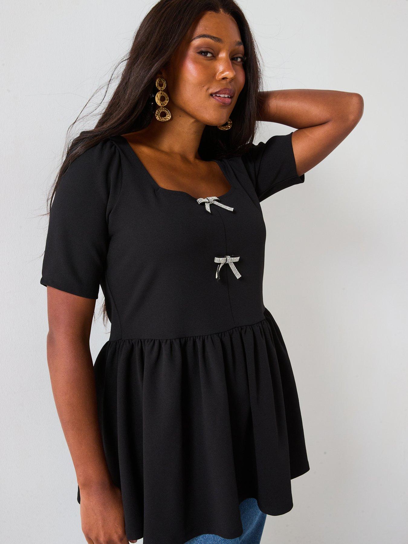Image 6 of 6 of V by Very Curve Diamante Bow Peplum Top - Black