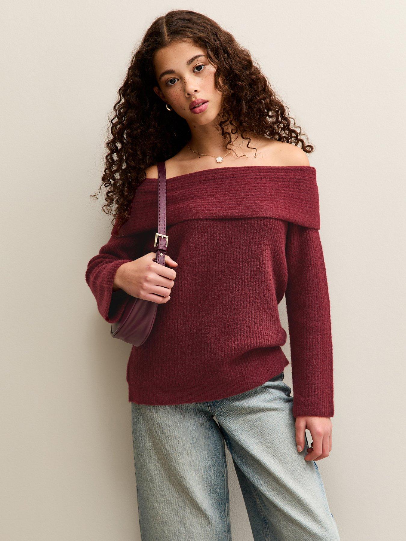 New Look 915 Girls Off The Shoulder Rib Jumper - Dark Burgundy