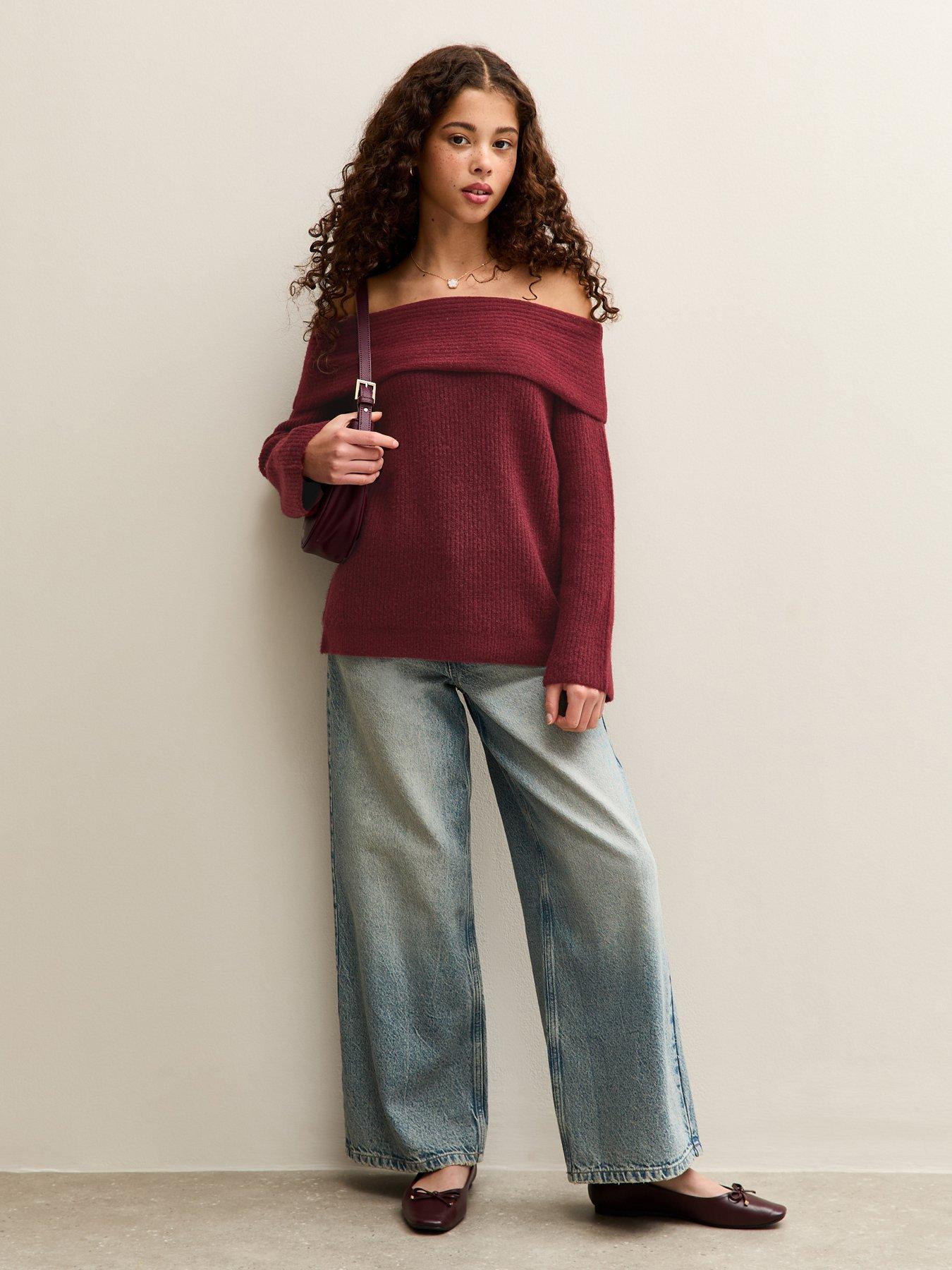 Image 3 of 5 of New Look 915 Girls Off The Shoulder Rib Jumper - Dark Burgundy