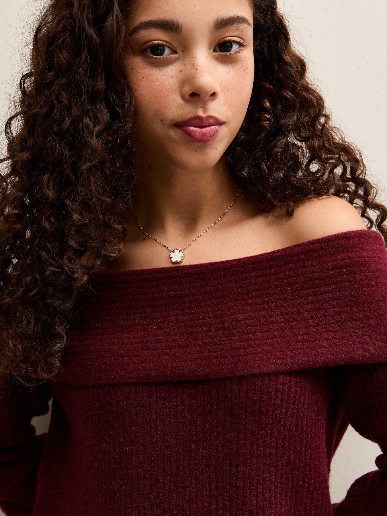 Image 4 of 5 of New Look 915 Girls Off The Shoulder Rib Jumper - Dark Burgundy