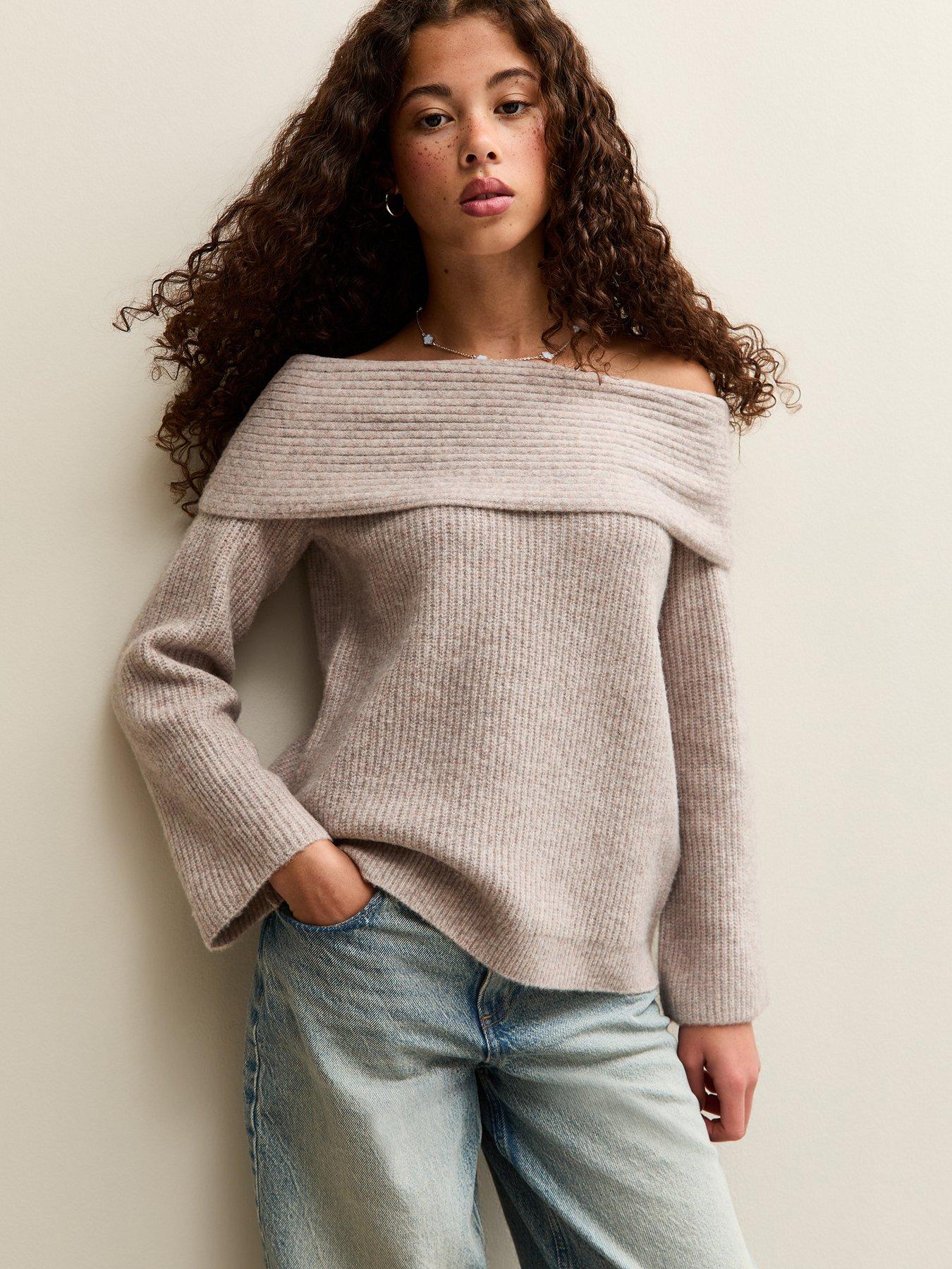 New Look 915 Girls Off The Shoulder Rib Jumper - Oatmeal