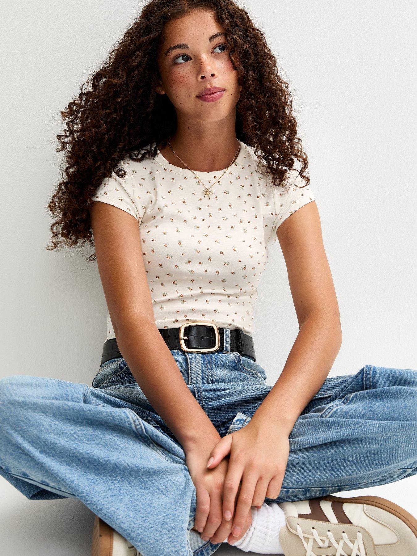 New Look 915 Girls White Ribbed Jersey Floral Print T-Shirt - White