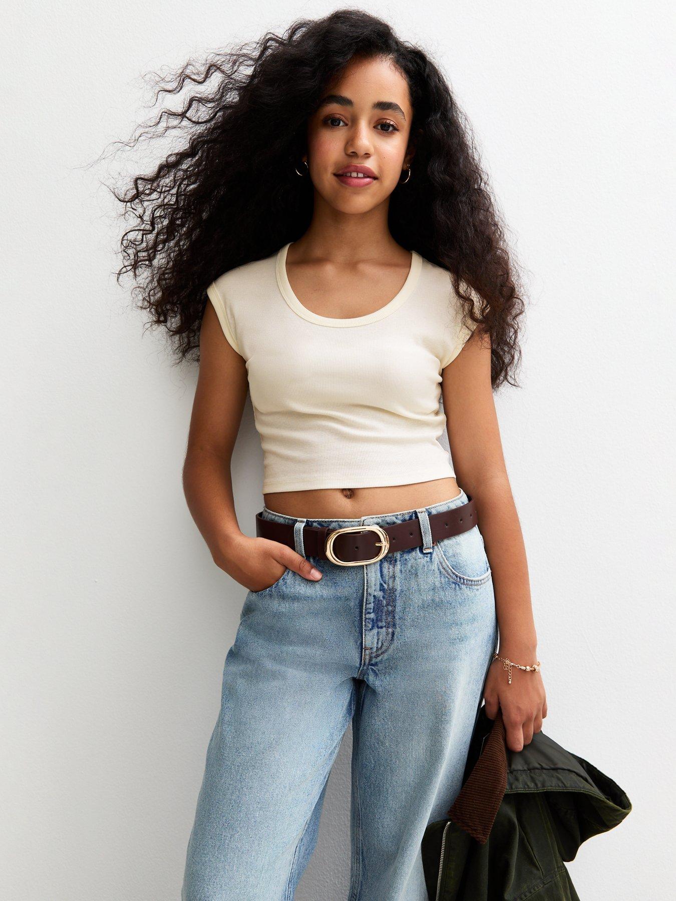 undefined Girls Scoop Neck Ribbed T-Shirt - Cream