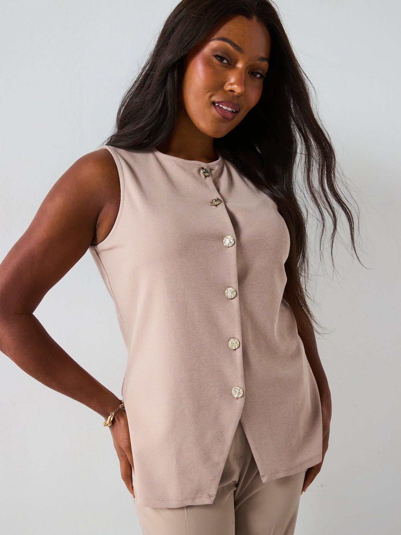 Image 1 of 6 of V by Very Curve Button Detail Stretch Waistcoat Co-Ord - Beige