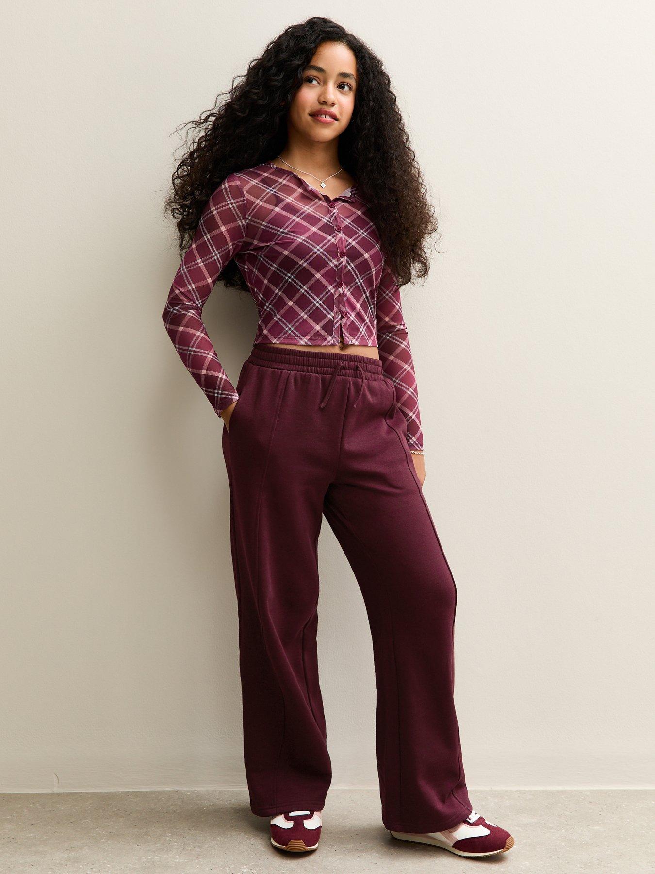 New Look 915 Girls Burgundy Seam Detail Wide Leg Joggers