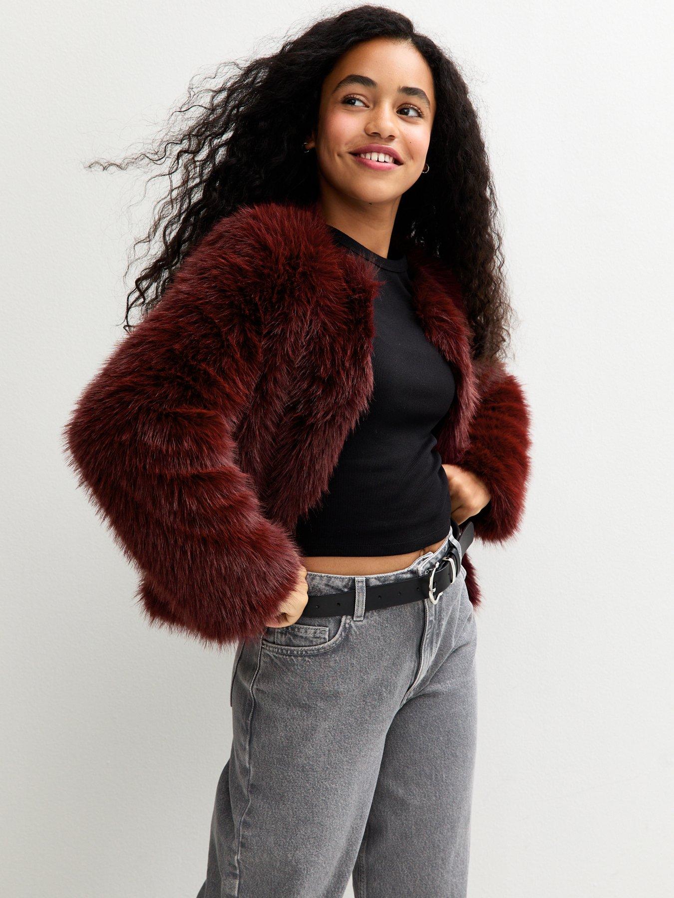 New Look 915 Girls Burgundy Faux Fur Coat