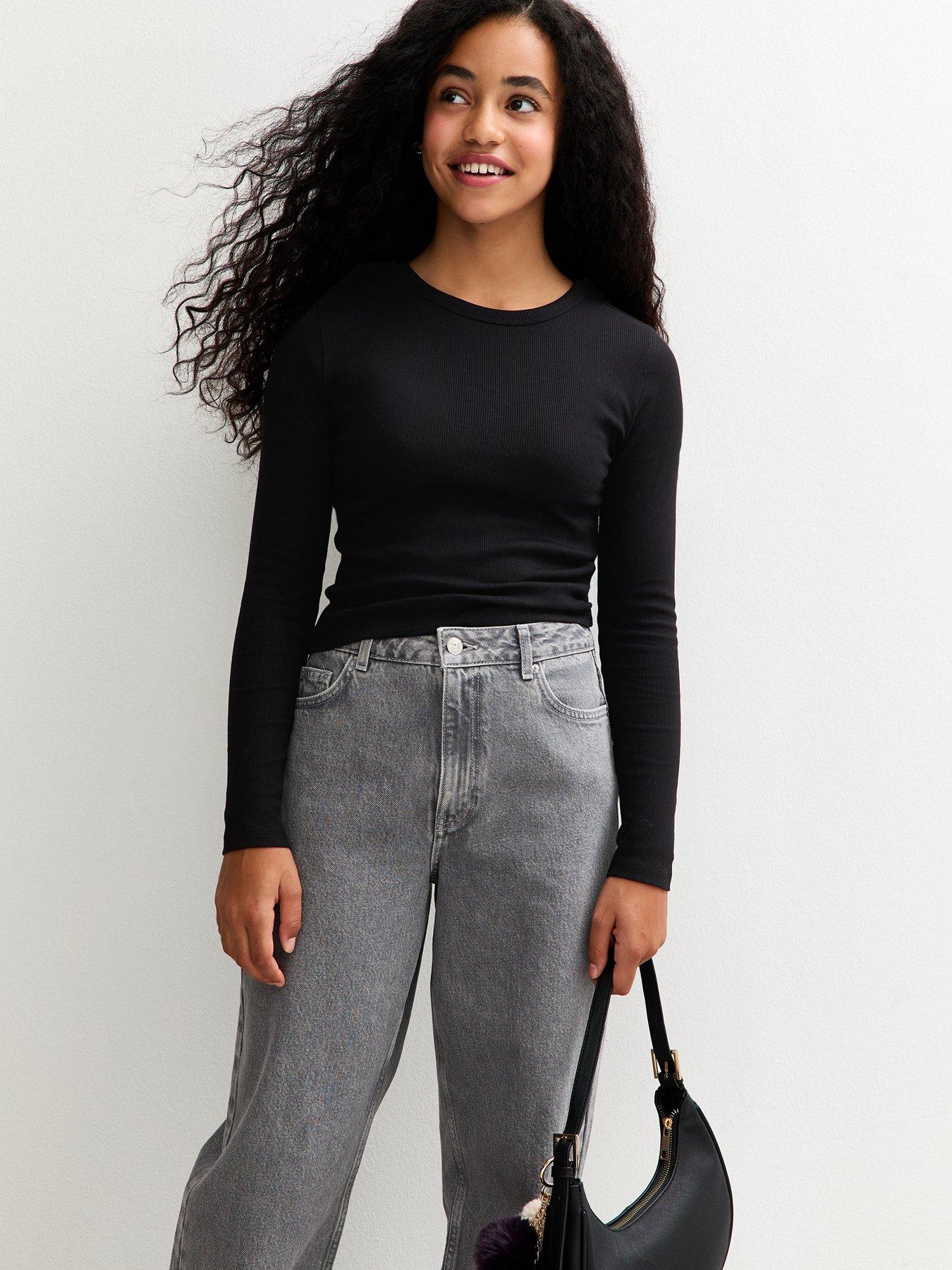 New Look 915 Girls Ribbed Baby Tee Long Sleeve Top - Black