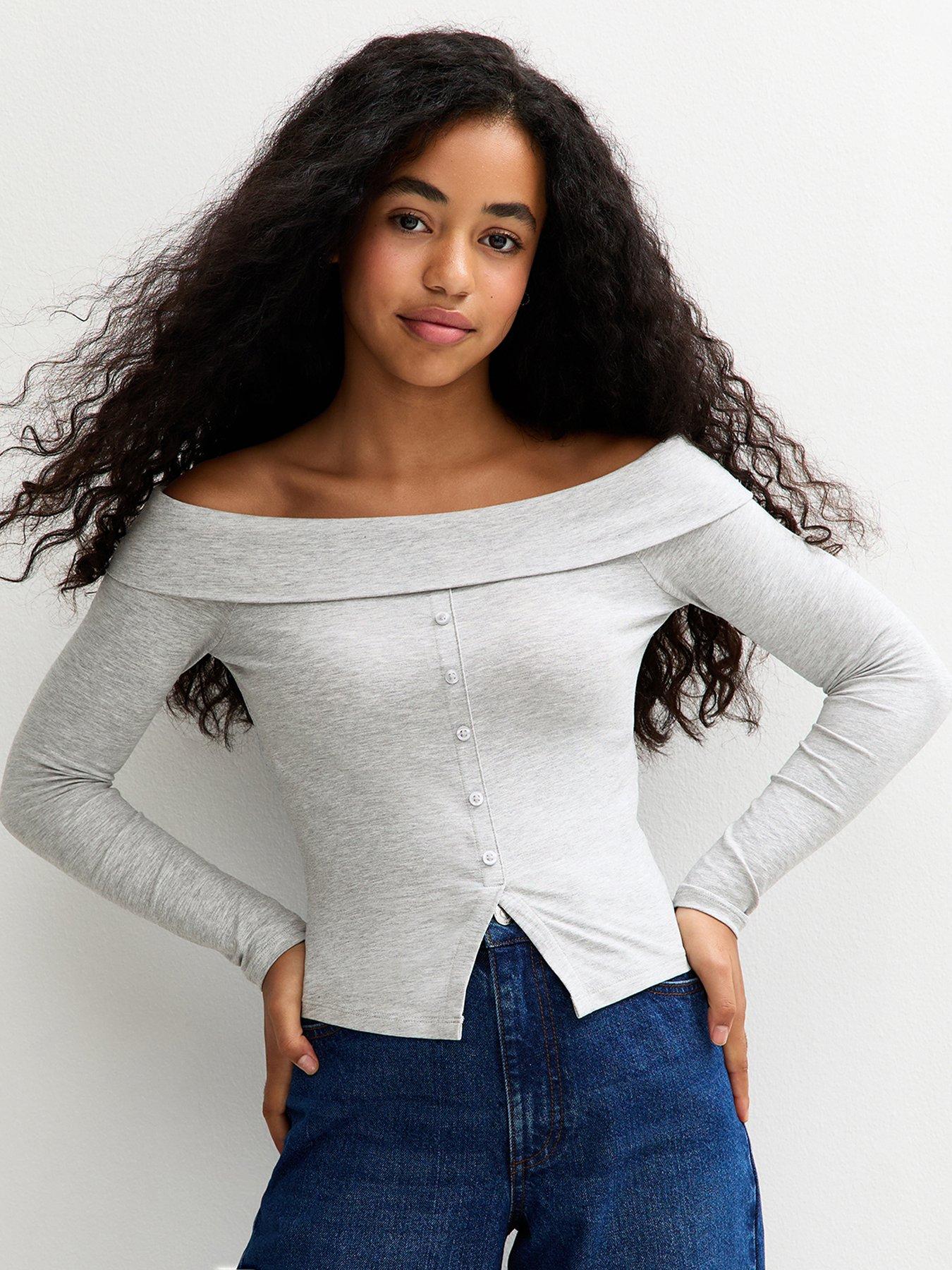New Look 915 Girls Long Sleeve Faux Button Bardot Top - Grey