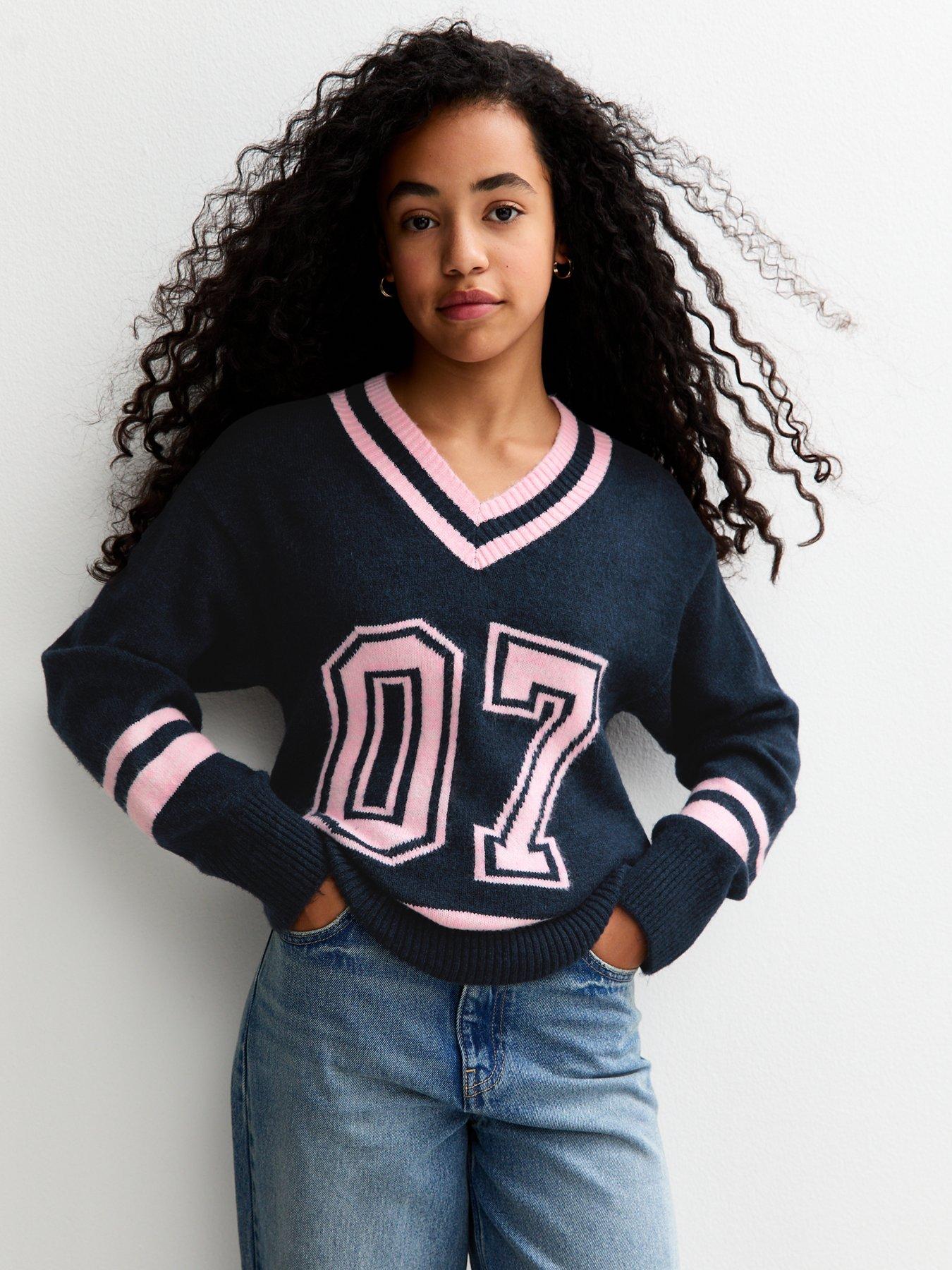 New Look 915 Girls Navy 07 Striped Football V -Neck Jumper - Grey