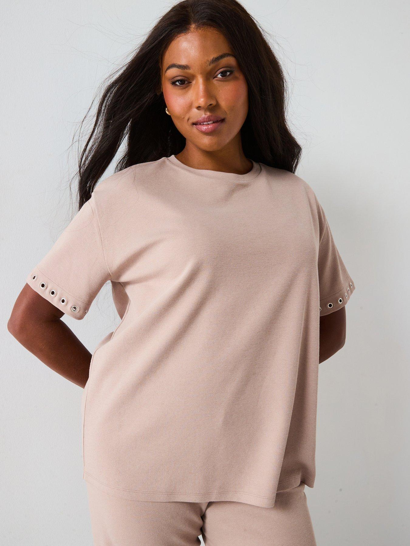 V by Very Curve Textured T-Shirt Co-Ord - Beige