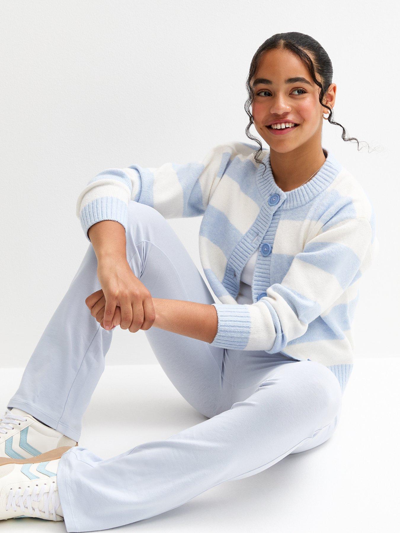 undefined Girls Folded Waist Flared Jersey Leggings - Light Blue