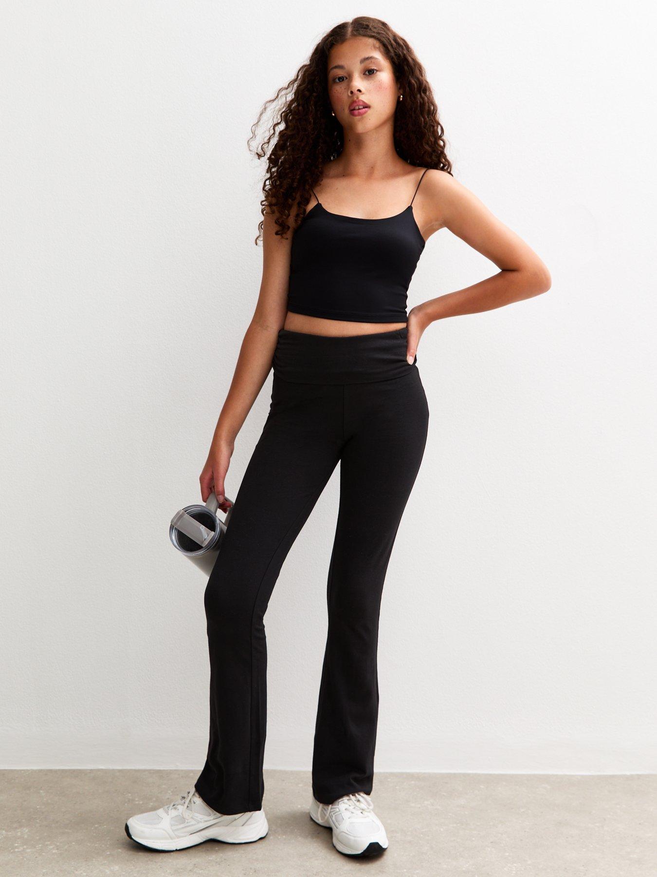 New Look 915 Girls Black Folded Waist Flared Jersey Leggings