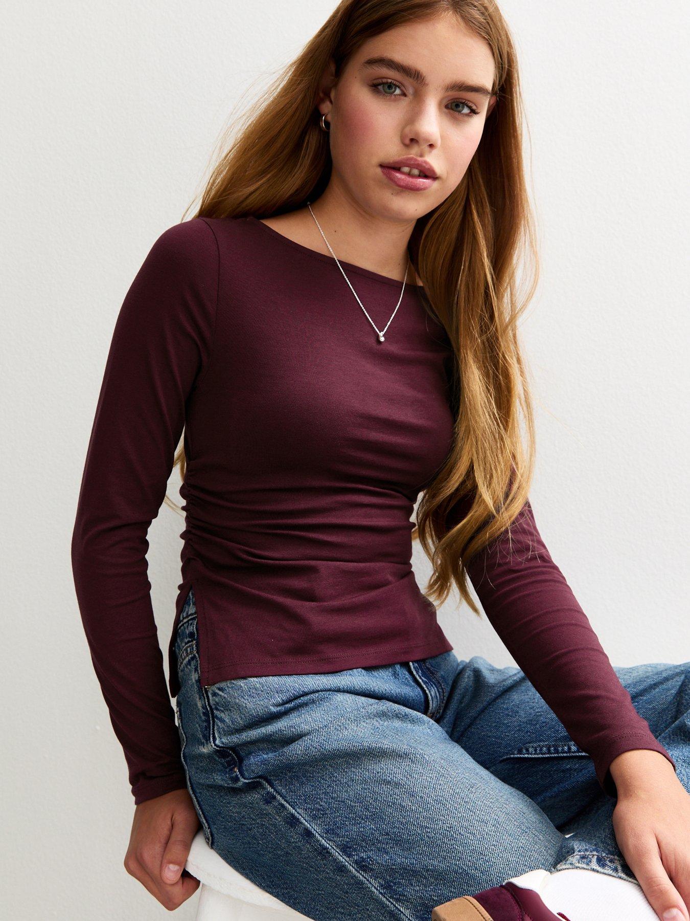 New Look 915 Girls Long Sleeve Ruched Side Slit Top - Dark Red