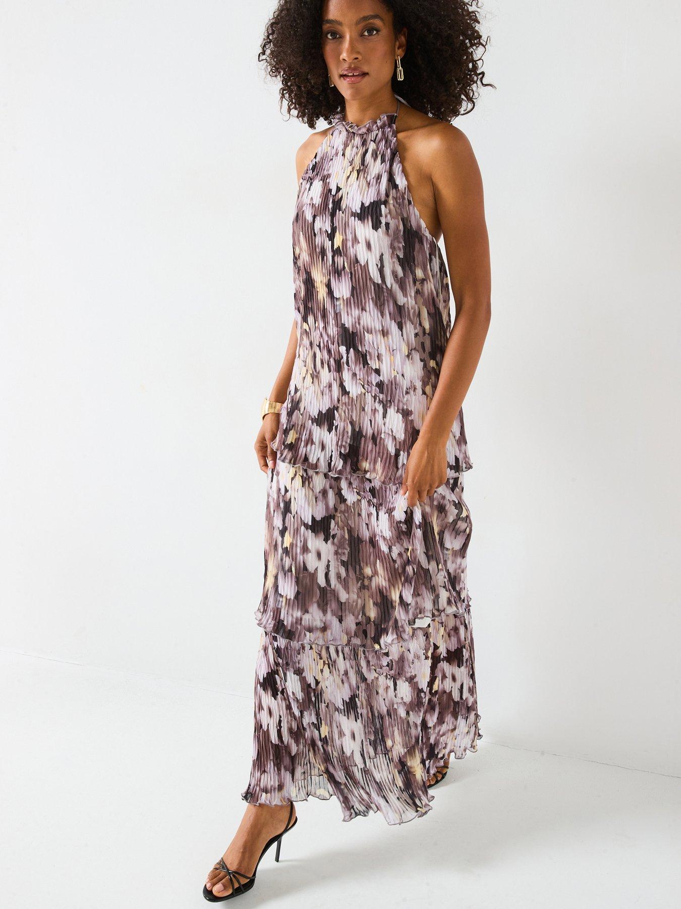 undefined Pleated Tiered Printed Halter Maxi Dress