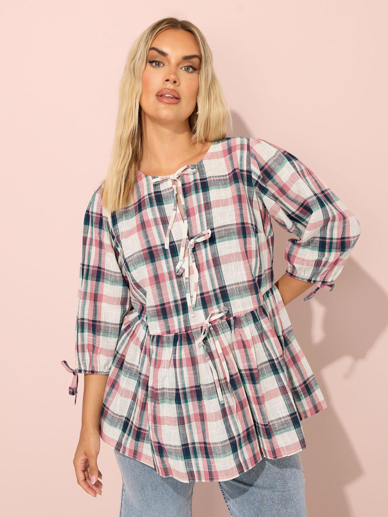 undefined Curve Short Sleeve Check Tie Front Top
