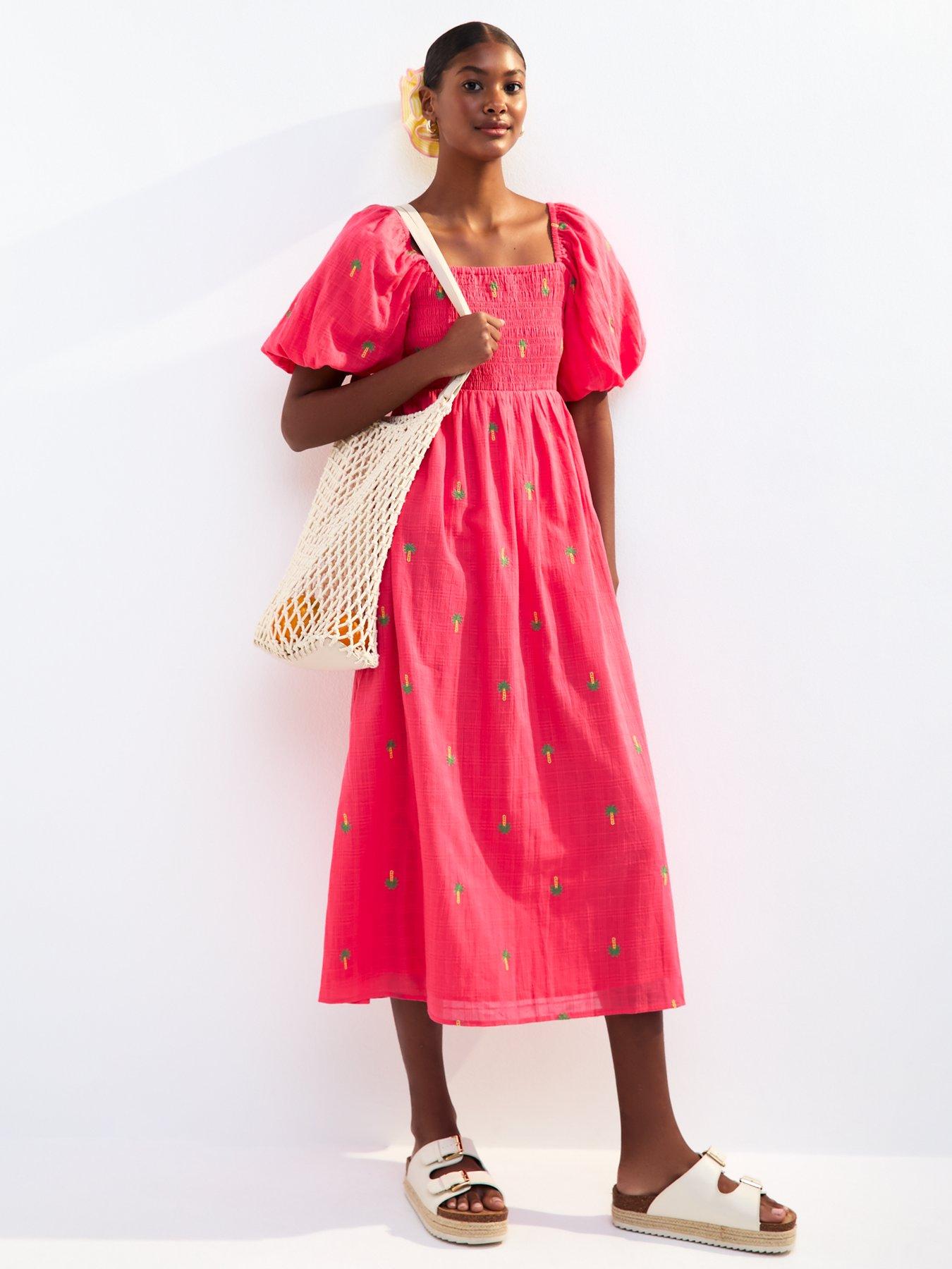 undefined Pink Palm Embroidered Shirred Midi Dress