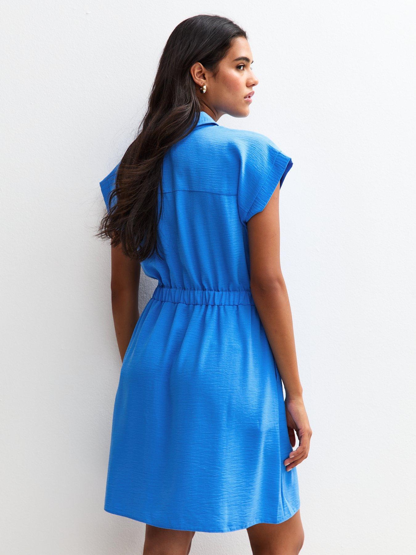 New Look Blue Drawstring Waist Short Sleeve Mini Shirt Dress Very