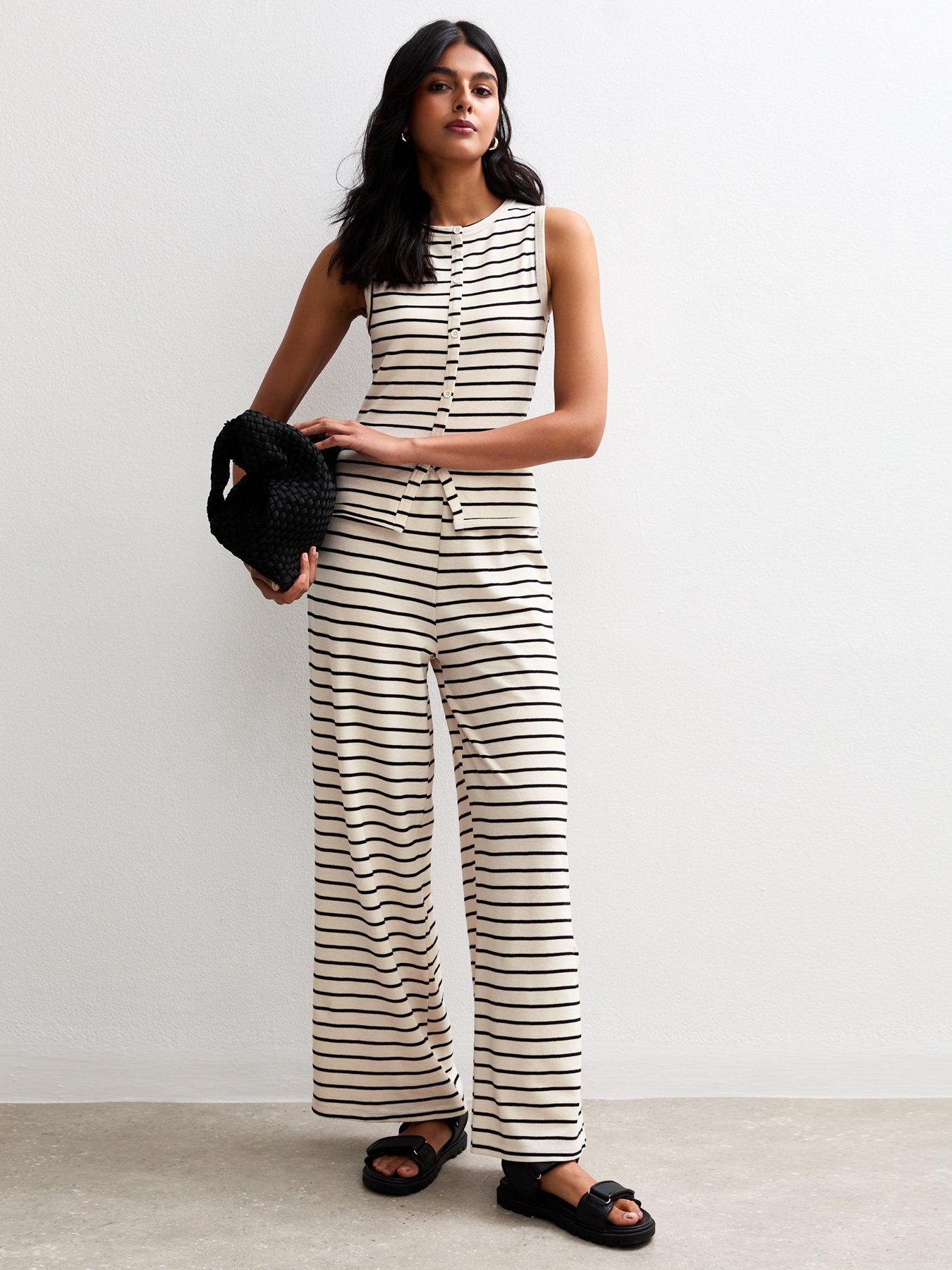 undefined Off White Striped Wide Leg Trousers