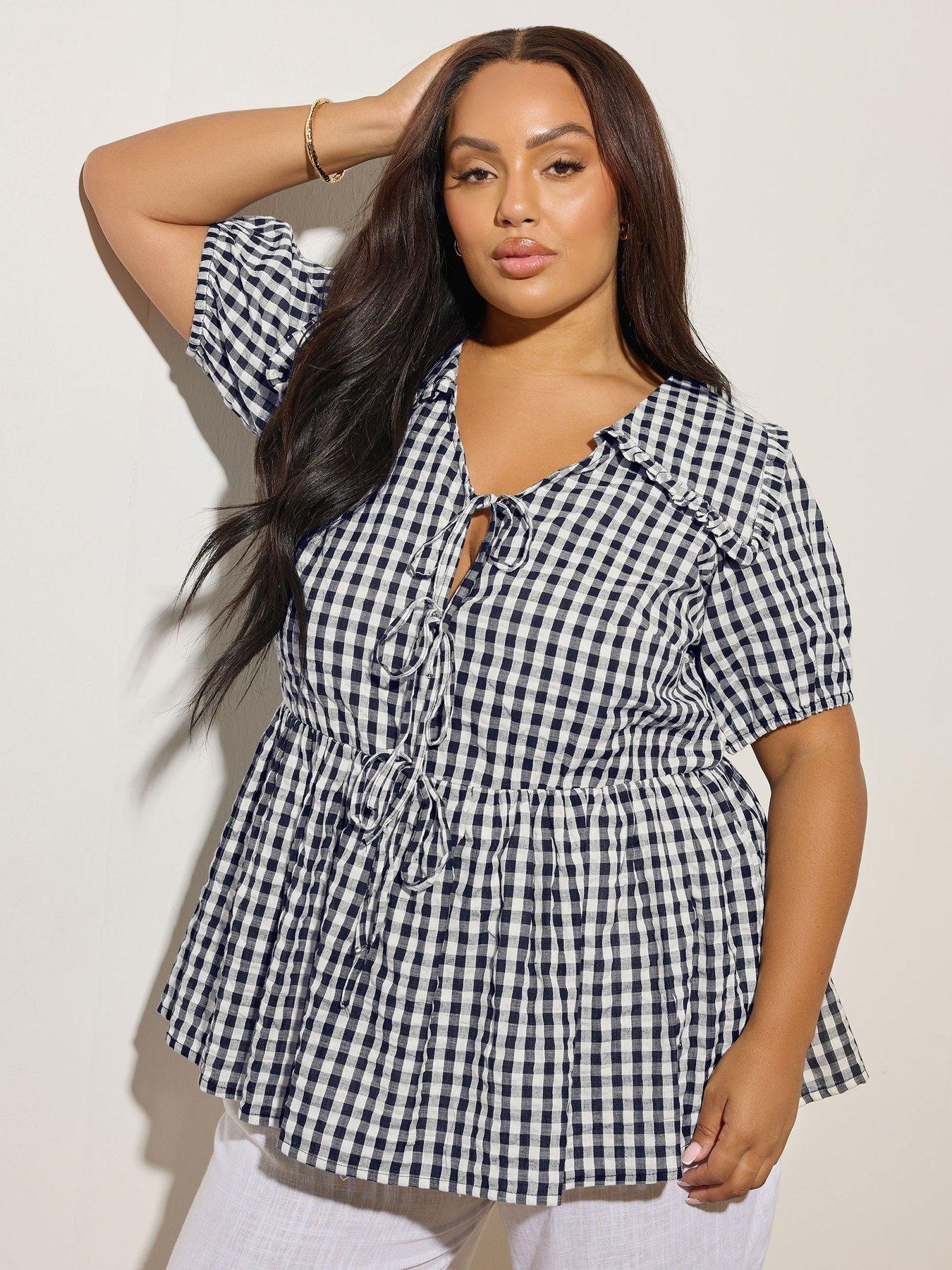 undefined Curve Gingham Collar Blouse - Blue