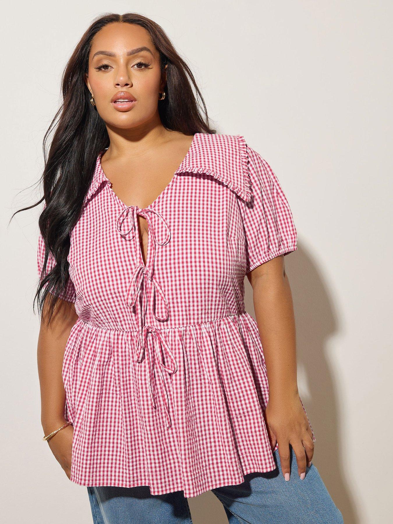 undefined Curve Gingham Collar Blouse - Red
