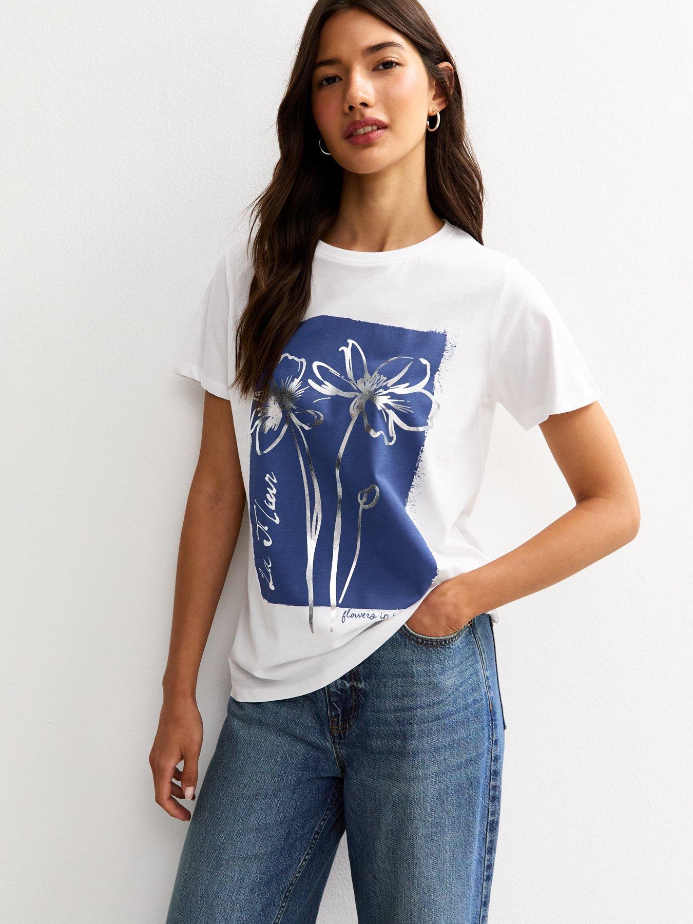 undefined White Foiled Flower Print T-shirt