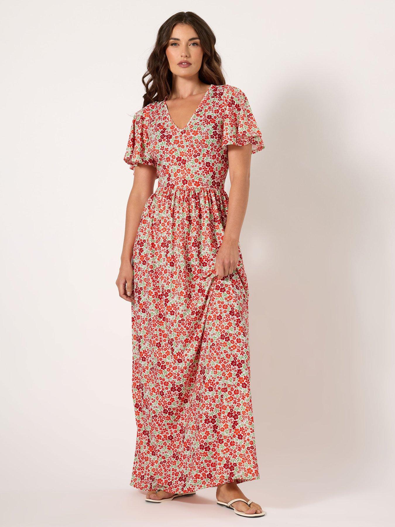 undefined Ditsy V Neck Maxi Dress - Red