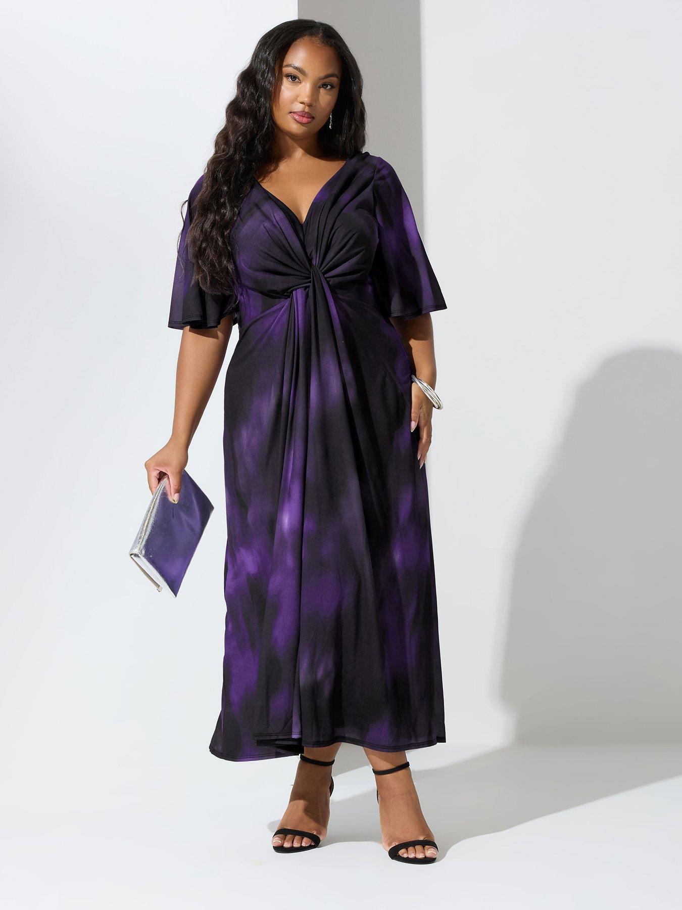 Yours Curve Abstract Kont Front Angel Sleeve Dress - Purple